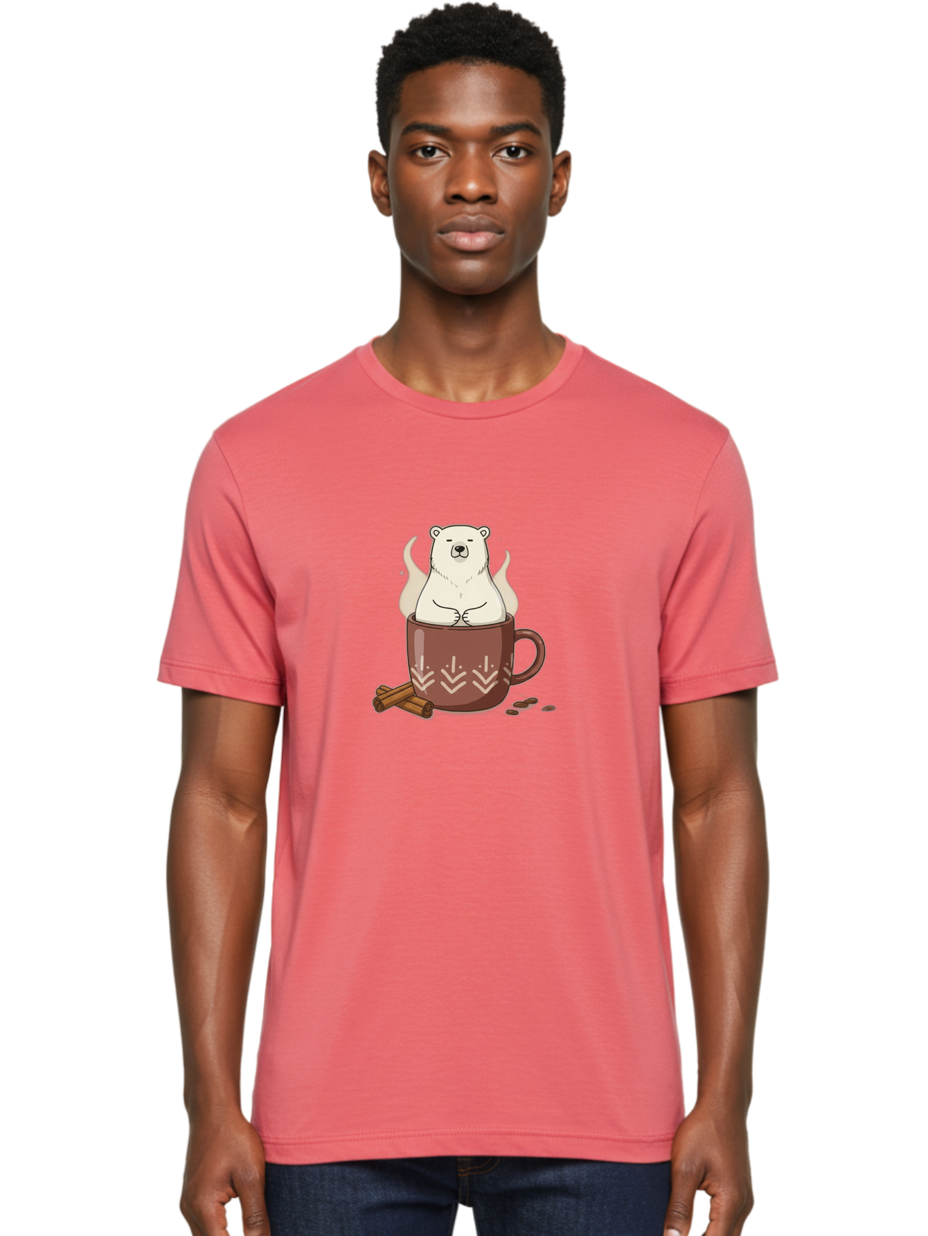 Polar-Bear-In-Coffee-Mug-1 Men'S Graphic Tee, 100% Cotton, Comfortable Casual Summer Wear, Machine Washable, Polar Bear In A Cup, Coffee Lover, Cinnamon Sticks, Coffee Beans, Relaxing Bear, Cute Cartoon, Steaming Hot Coffee, Winter Warmth, Bae652