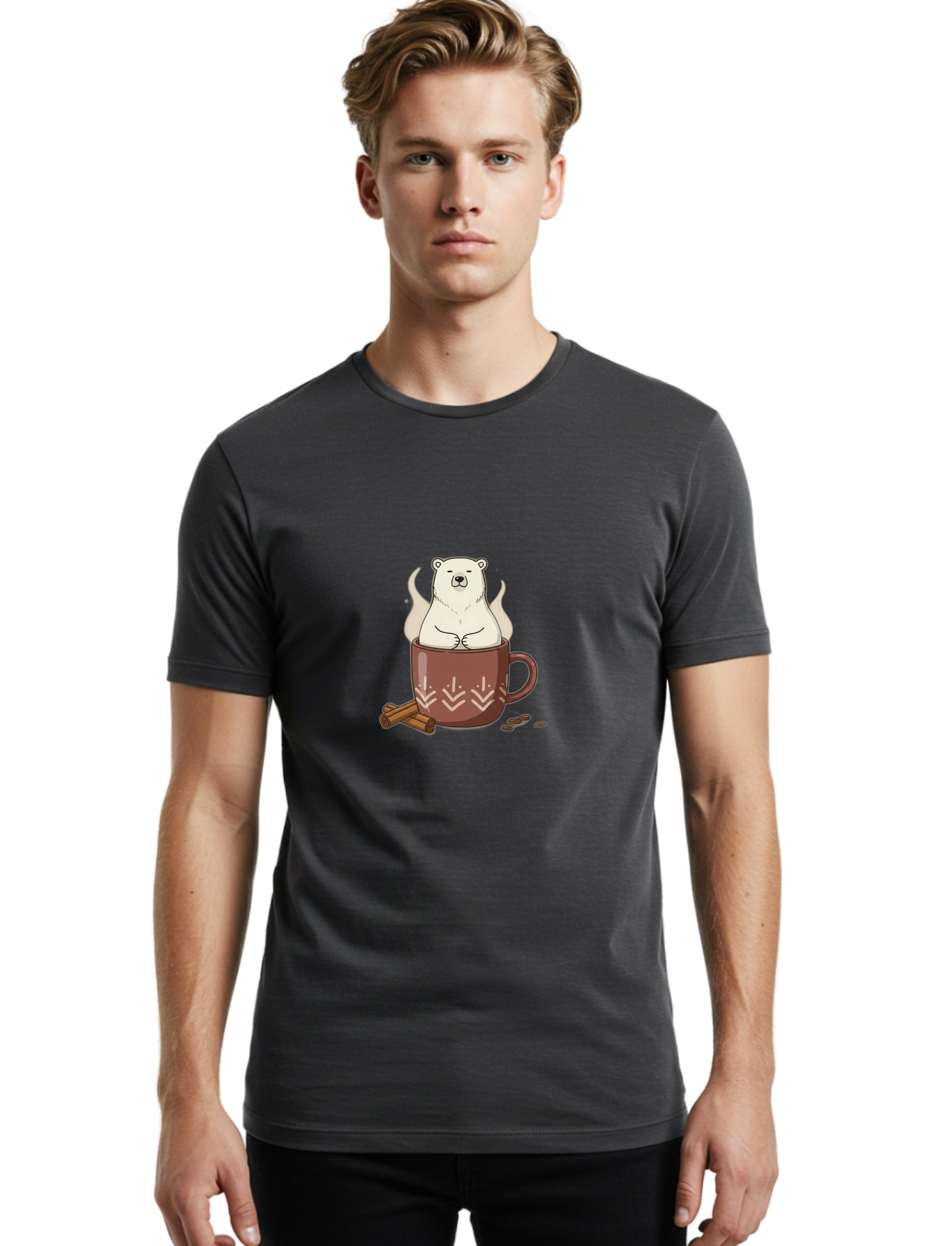 Polar-Bear-In-Coffee-Mug-1 Men'S Graphic Tee, 100% Cotton, Comfortable Casual Summer Wear, Machine Washable, Polar Bear In A Cup, Coffee Lover, Cinnamon Sticks, Coffee Beans, Relaxing Bear, Cute Cartoon, Steaming Hot Coffee, Winter Warmth, Bae652