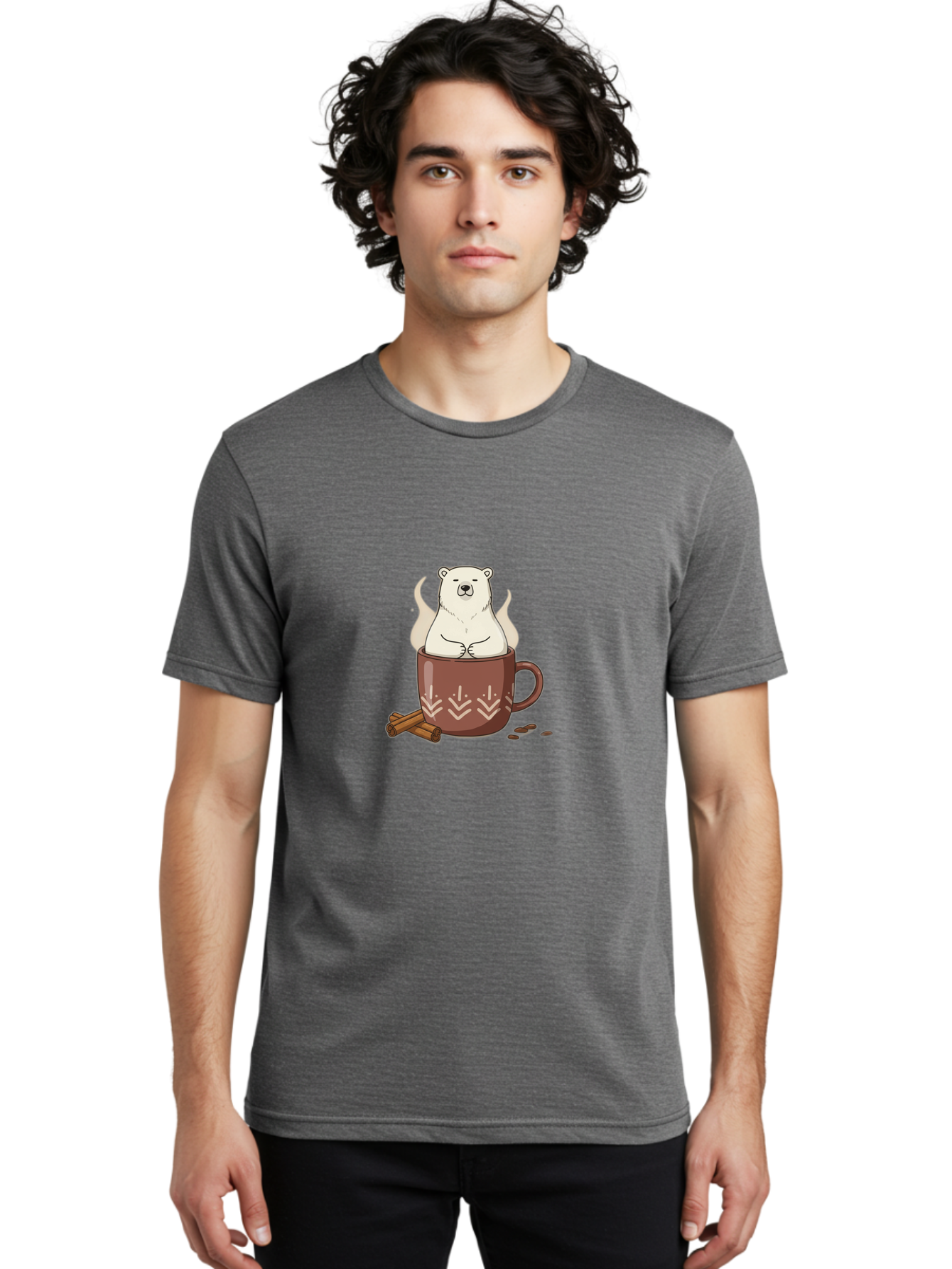 Polar-Bear-In-Coffee-Mug-1 Men'S Graphic Tee, 100% Cotton, Comfortable Casual Summer Wear, Machine Washable, Polar Bear In A Cup, Coffee Lover, Cinnamon Sticks, Coffee Beans, Relaxing Bear, Cute Cartoon, Steaming Hot Coffee, Winter Warmth, Bae652