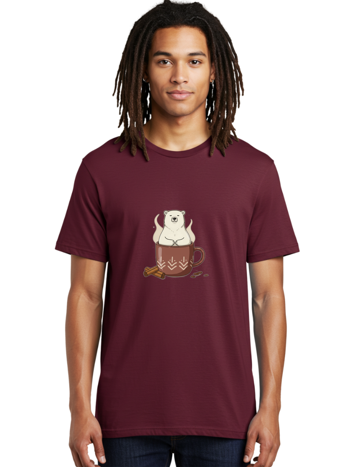 Polar-Bear-In-Coffee-Mug-1 Men'S Graphic Tee, 100% Cotton, Comfortable Casual Summer Wear, Machine Washable, Polar Bear In A Cup, Coffee Lover, Cinnamon Sticks, Coffee Beans, Relaxing Bear, Cute Cartoon, Steaming Hot Coffee, Winter Warmth, Bae652