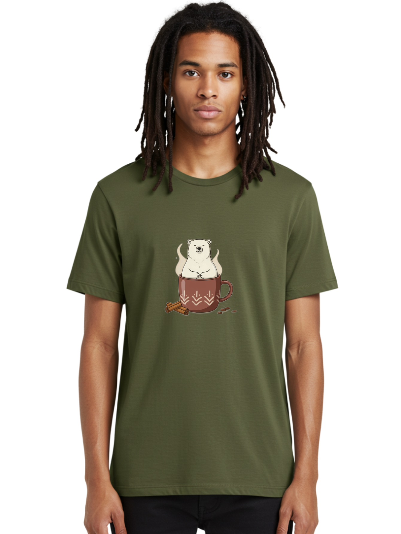 Polar-Bear-In-Coffee-Mug-1 Men'S Graphic Tee, 100% Cotton, Comfortable Casual Summer Wear, Machine Washable, Polar Bear In A Cup, Coffee Lover, Cinnamon Sticks, Coffee Beans, Relaxing Bear, Cute Cartoon, Steaming Hot Coffee, Winter Warmth, Bae652