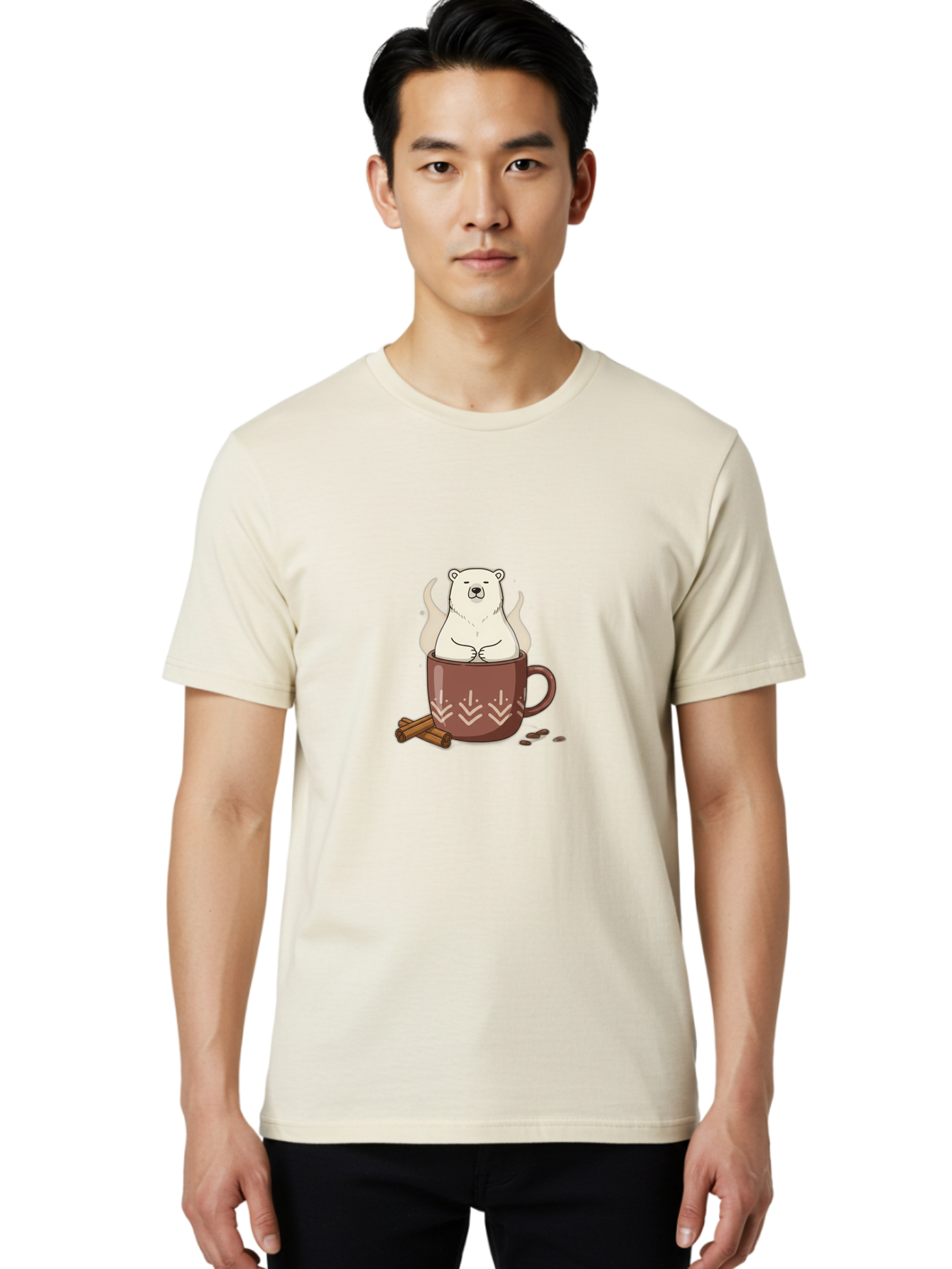 Polar-Bear-In-Coffee-Mug-1 Men'S Graphic Tee, 100% Cotton, Comfortable Casual Summer Wear, Machine Washable, Polar Bear In A Cup, Coffee Lover, Cinnamon Sticks, Coffee Beans, Relaxing Bear, Cute Cartoon, Steaming Hot Coffee, Winter Warmth, Bae652