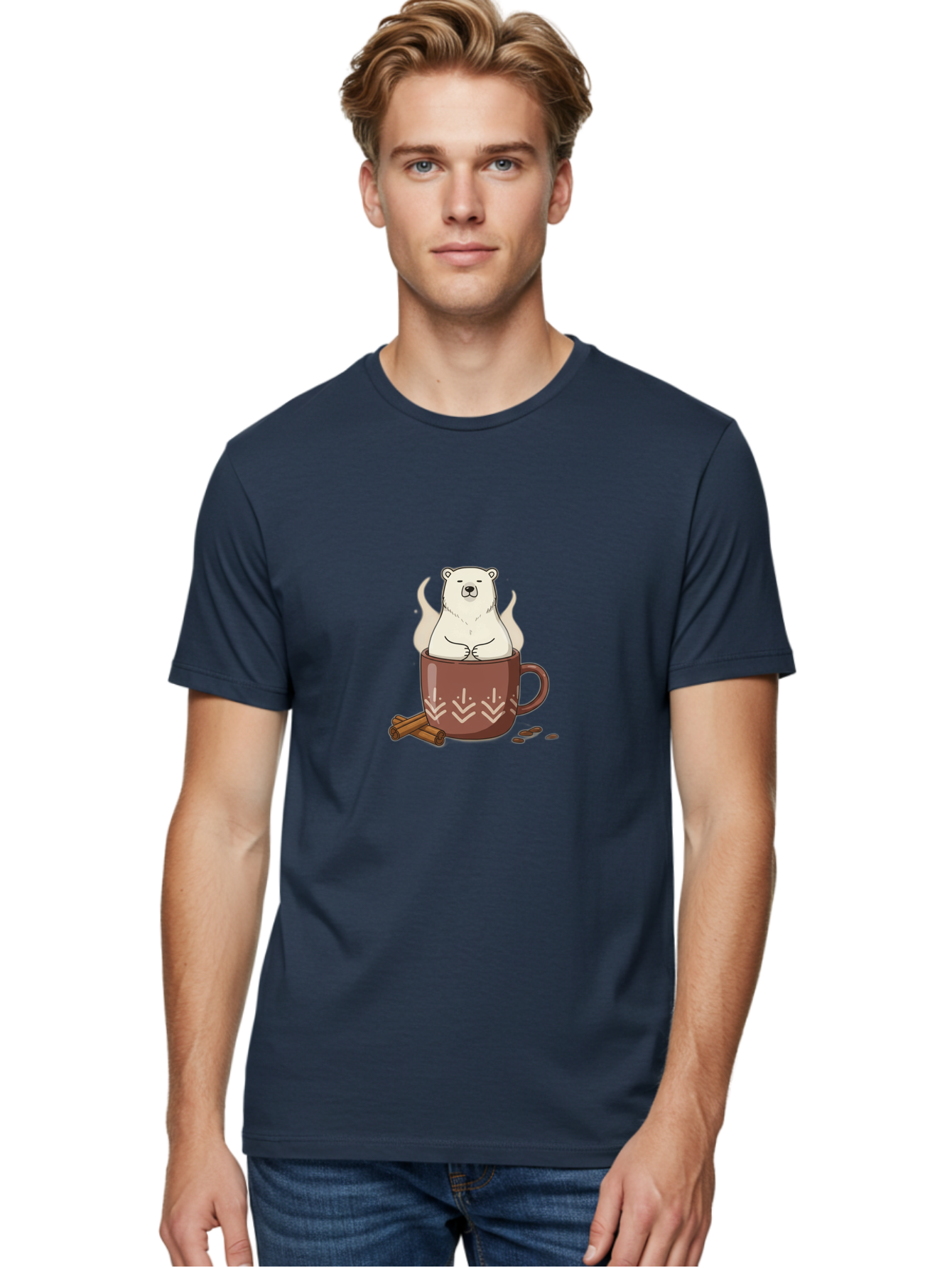 Polar-Bear-In-Coffee-Mug-1 Men'S Graphic Tee, 100% Cotton, Comfortable Casual Summer Wear, Machine Washable, Polar Bear In A Cup, Coffee Lover, Cinnamon Sticks, Coffee Beans, Relaxing Bear, Cute Cartoon, Steaming Hot Coffee, Winter Warmth, Bae652