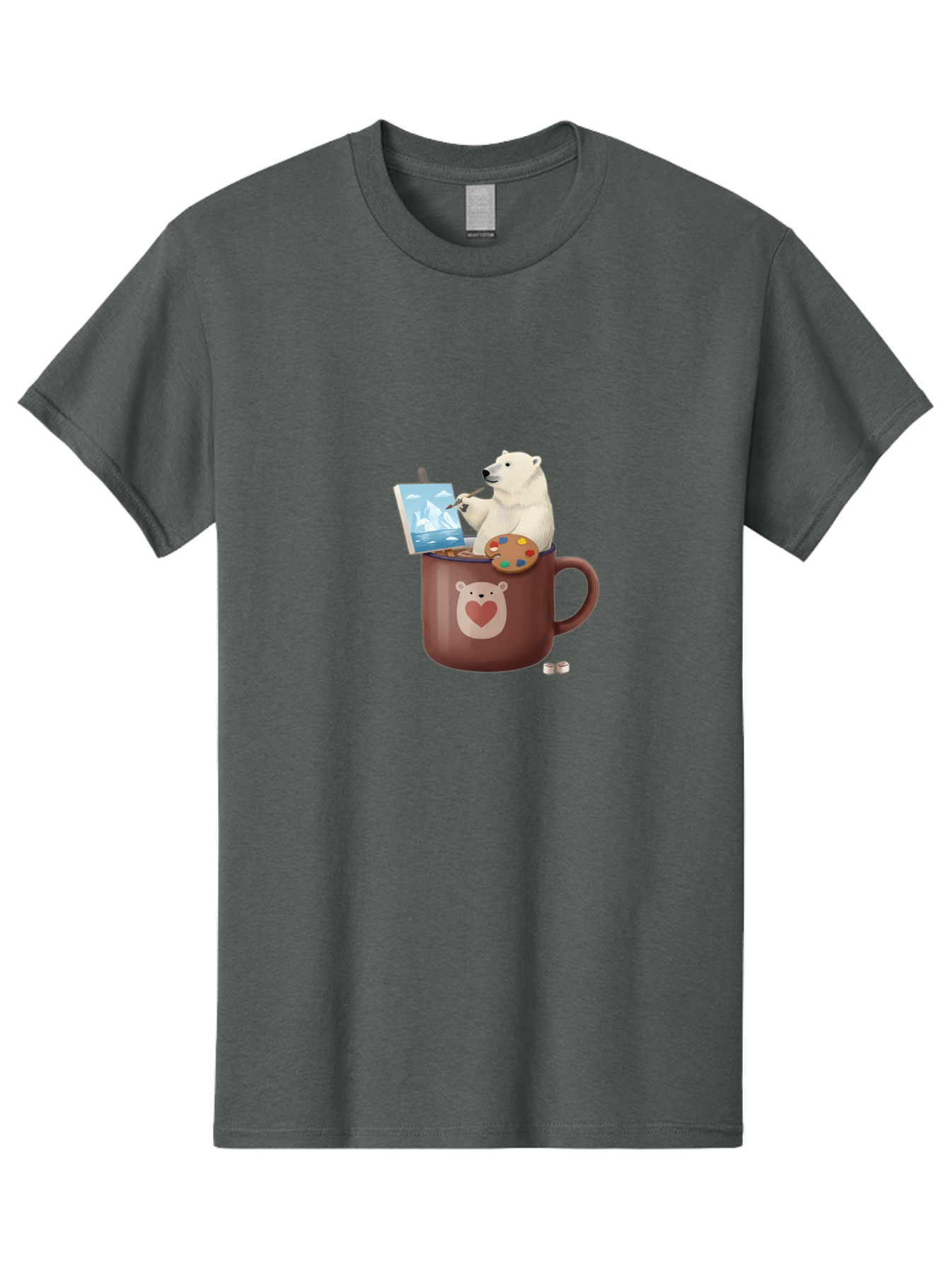Polar-Bear-In-Coffee-Mug-2 Men'S Graphic Tee, 100% Cotton, Comfortable Casual Summer Wear, Machine Washable, Polar Bear Painting On A Digital Tablet, Artistic Creativity, Polar Bear Mug, Heart Design, Paint Palette, Whimsical Art, Bae653