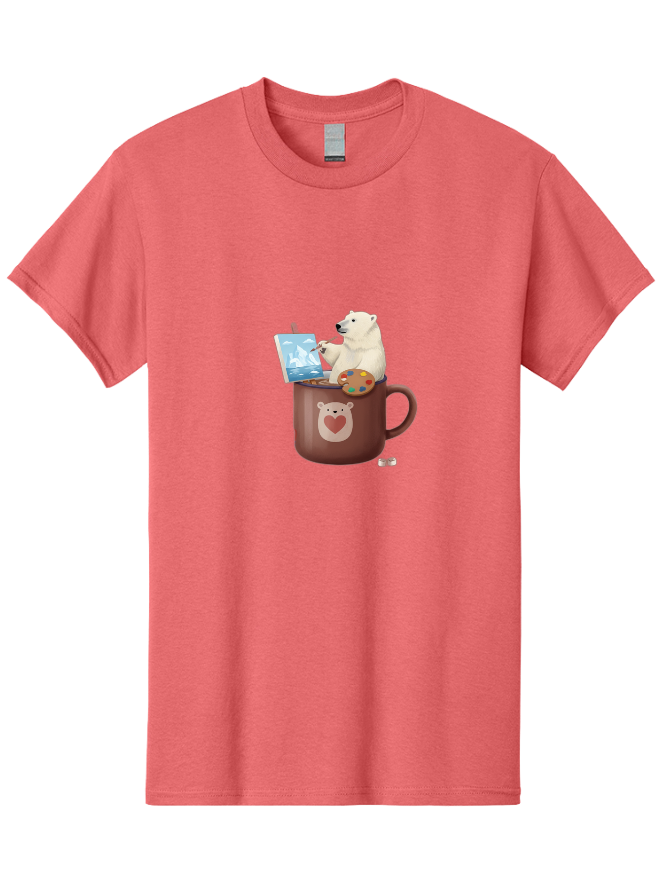Polar-Bear-In-Coffee-Mug-2 Men'S Graphic Tee, 100% Cotton, Comfortable Casual Summer Wear, Machine Washable, Polar Bear Painting On A Digital Tablet, Artistic Creativity, Polar Bear Mug, Heart Design, Paint Palette, Whimsical Art, Bae653