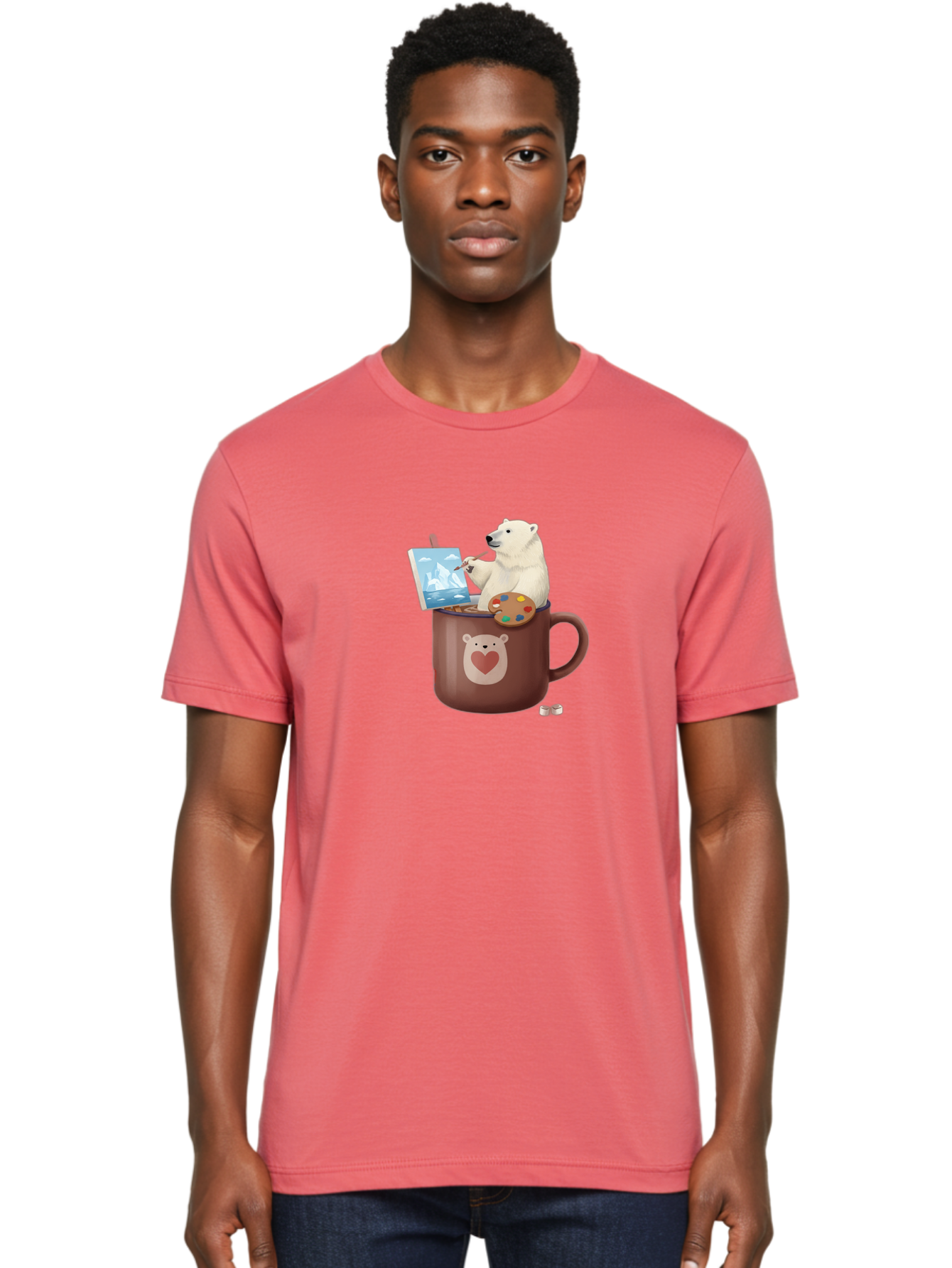 Polar-Bear-In-Coffee-Mug-2 Men'S Graphic Tee, 100% Cotton, Comfortable Casual Summer Wear, Machine Washable, Polar Bear Painting On A Digital Tablet, Artistic Creativity, Polar Bear Mug, Heart Design, Paint Palette, Whimsical Art, Bae653