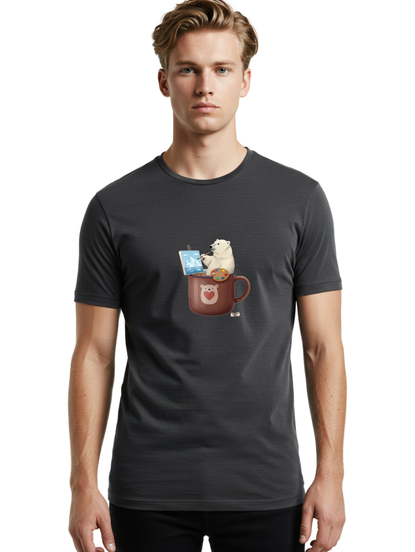 Polar-Bear-In-Coffee-Mug-2 Men'S Graphic Tee, 100% Cotton, Comfortable Casual Summer Wear, Machine Washable, Polar Bear Painting On A Digital Tablet, Artistic Creativity, Polar Bear Mug, Heart Design, Paint Palette, Whimsical Art, Bae653