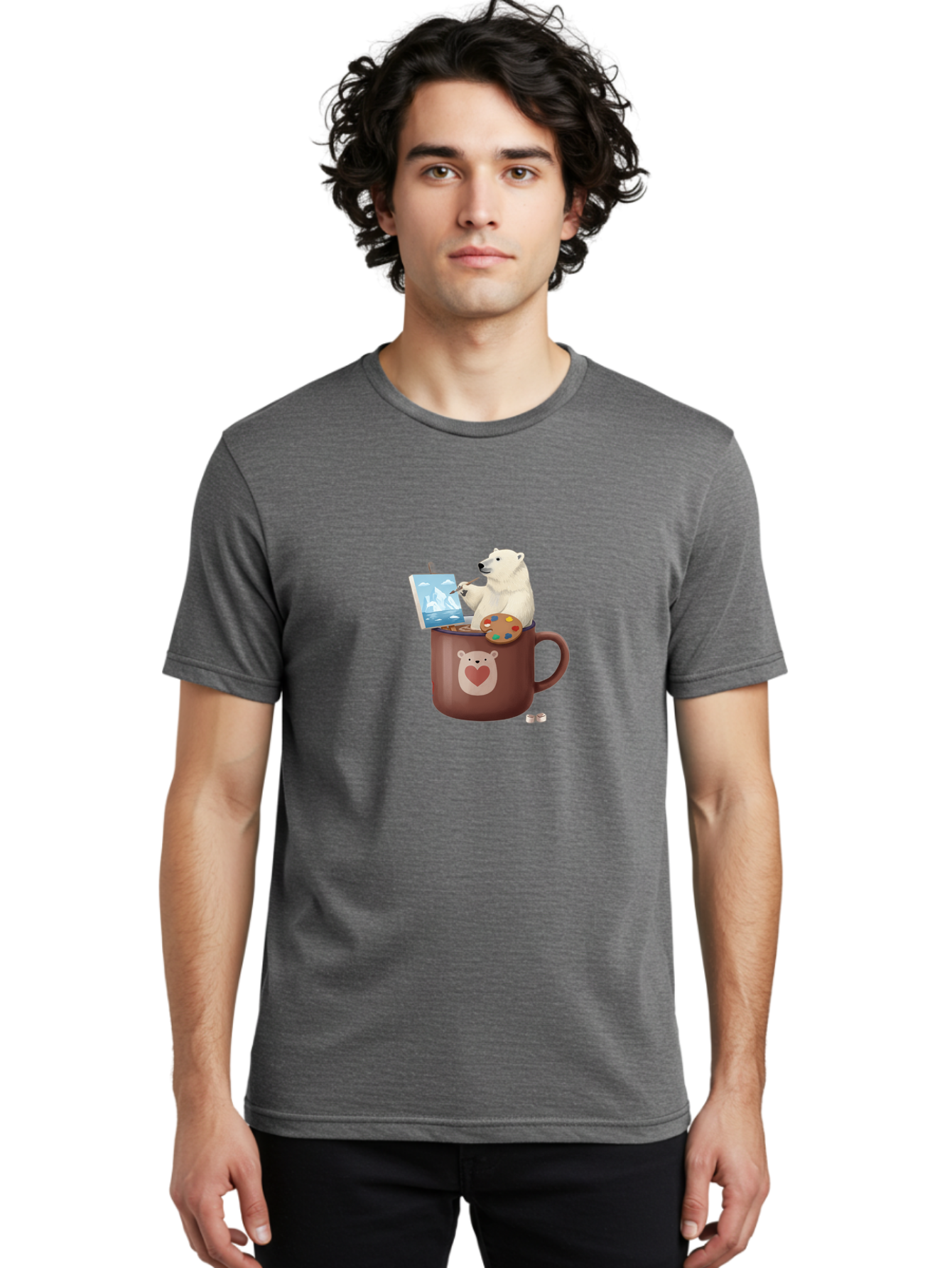 Polar-Bear-In-Coffee-Mug-2 Men'S Graphic Tee, 100% Cotton, Comfortable Casual Summer Wear, Machine Washable, Polar Bear Painting On A Digital Tablet, Artistic Creativity, Polar Bear Mug, Heart Design, Paint Palette, Whimsical Art, Bae653