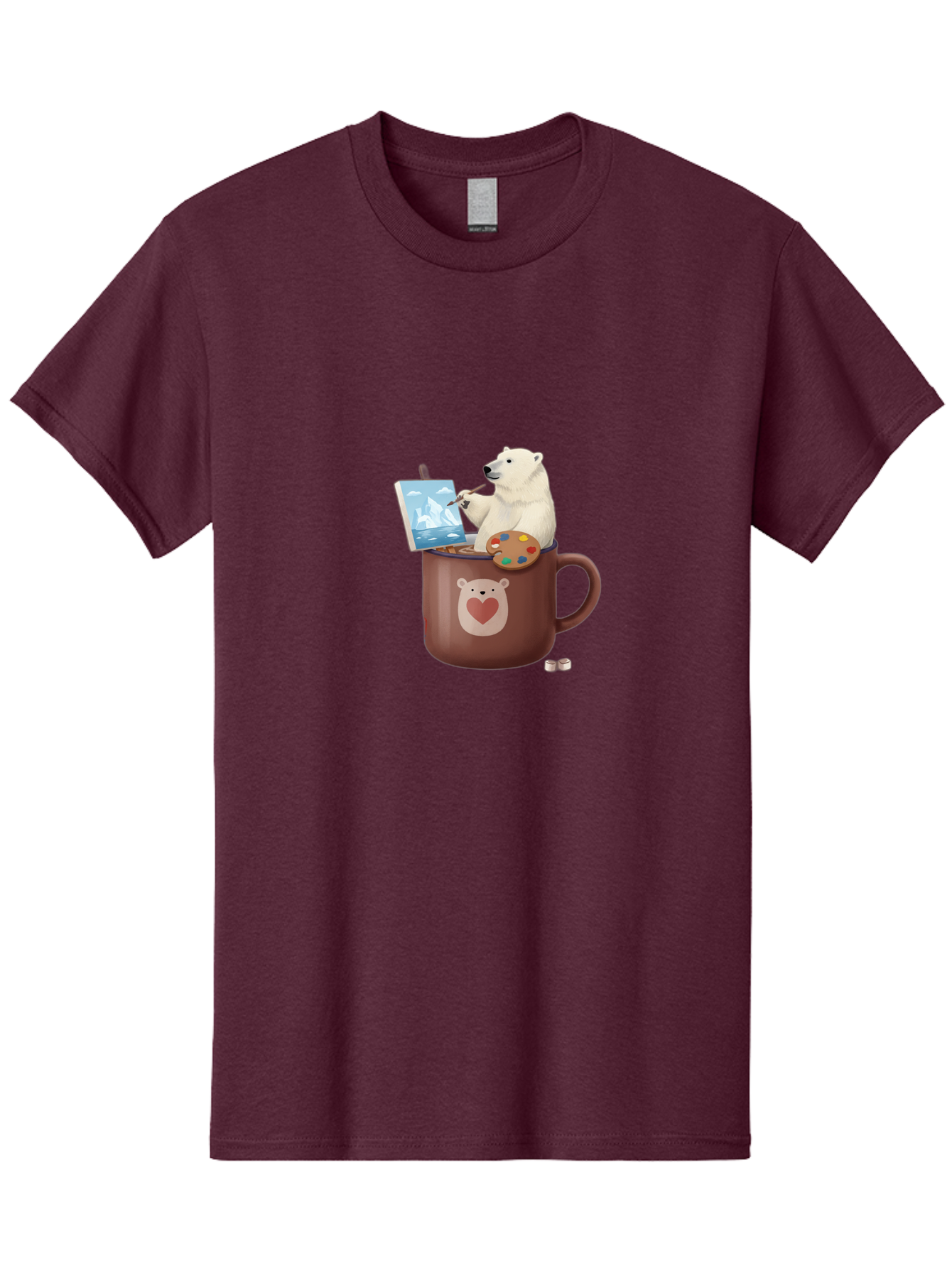 Polar-Bear-In-Coffee-Mug-2 Men'S Graphic Tee, 100% Cotton, Comfortable Casual Summer Wear, Machine Washable, Polar Bear Painting On A Digital Tablet, Artistic Creativity, Polar Bear Mug, Heart Design, Paint Palette, Whimsical Art, Bae653
