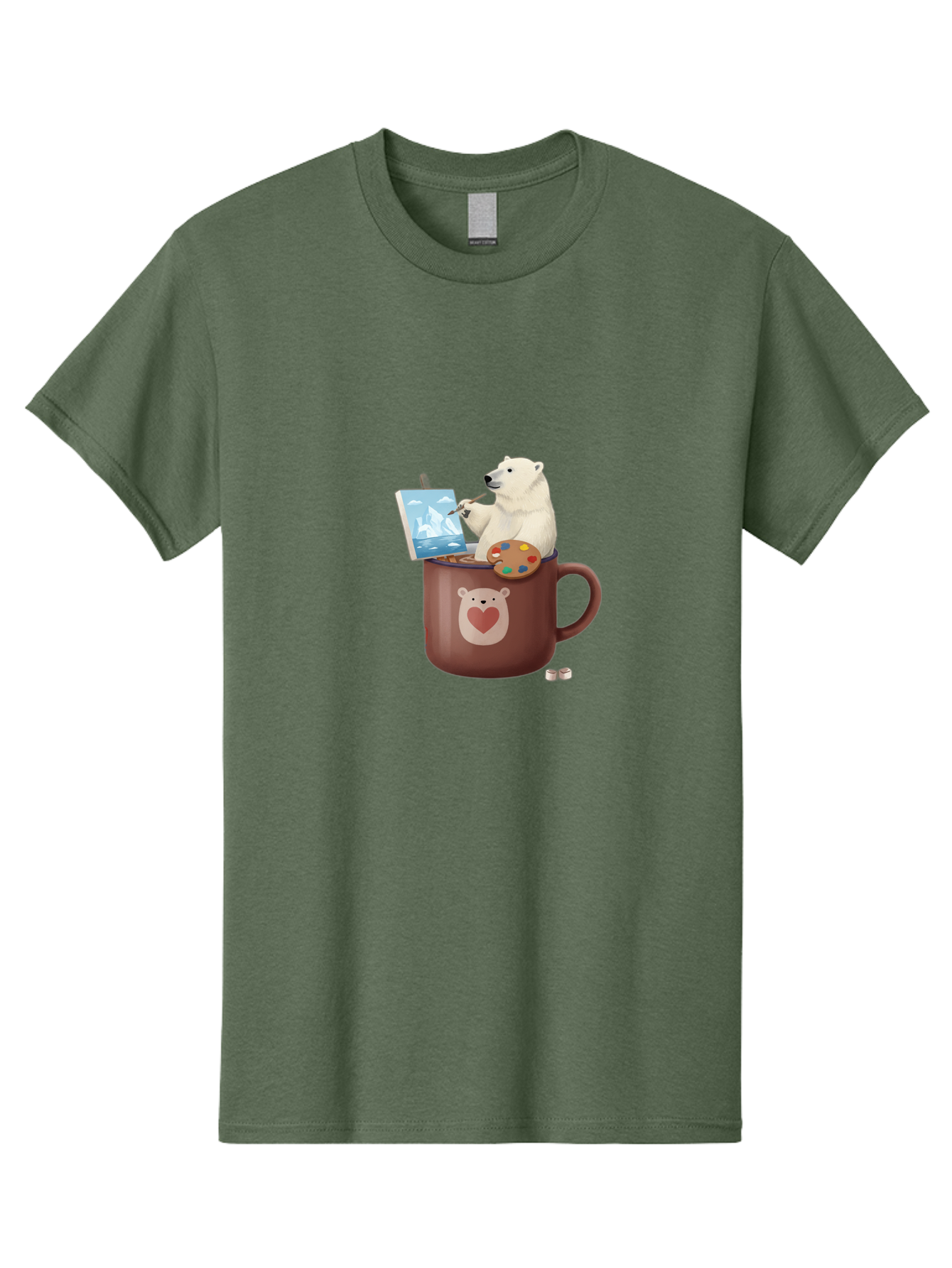 Polar-Bear-In-Coffee-Mug-2 Men'S Graphic Tee, 100% Cotton, Comfortable Casual Summer Wear, Machine Washable, Polar Bear Painting On A Digital Tablet, Artistic Creativity, Polar Bear Mug, Heart Design, Paint Palette, Whimsical Art, Bae653