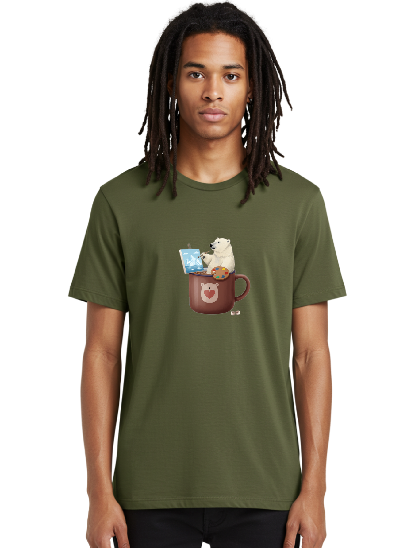 Polar-Bear-In-Coffee-Mug-2 Men'S Graphic Tee, 100% Cotton, Comfortable Casual Summer Wear, Machine Washable, Polar Bear Painting On A Digital Tablet, Artistic Creativity, Polar Bear Mug, Heart Design, Paint Palette, Whimsical Art, Bae653