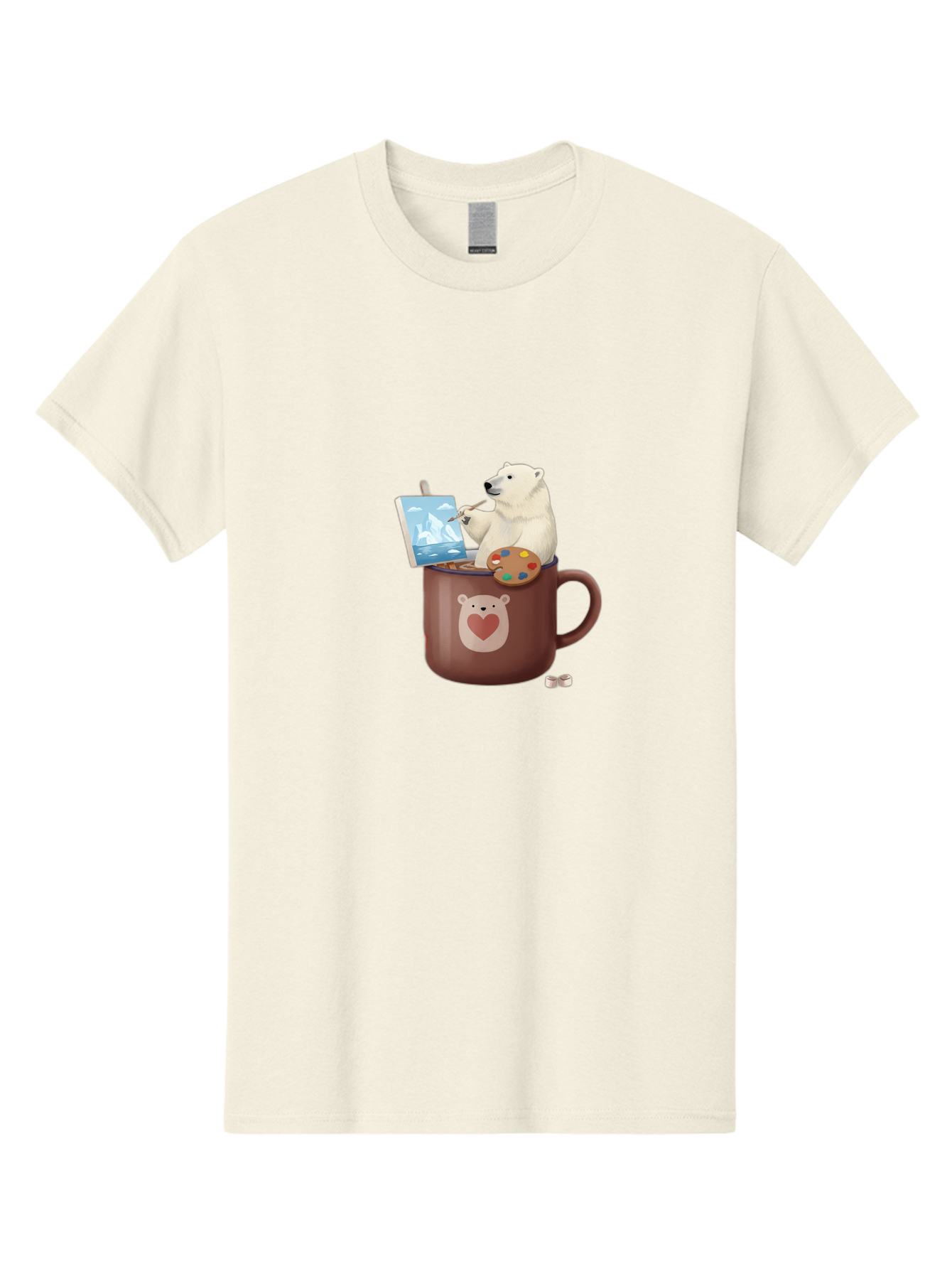 Polar-Bear-In-Coffee-Mug-2 Men'S Graphic Tee, 100% Cotton, Comfortable Casual Summer Wear, Machine Washable, Polar Bear Painting On A Digital Tablet, Artistic Creativity, Polar Bear Mug, Heart Design, Paint Palette, Whimsical Art, Bae653