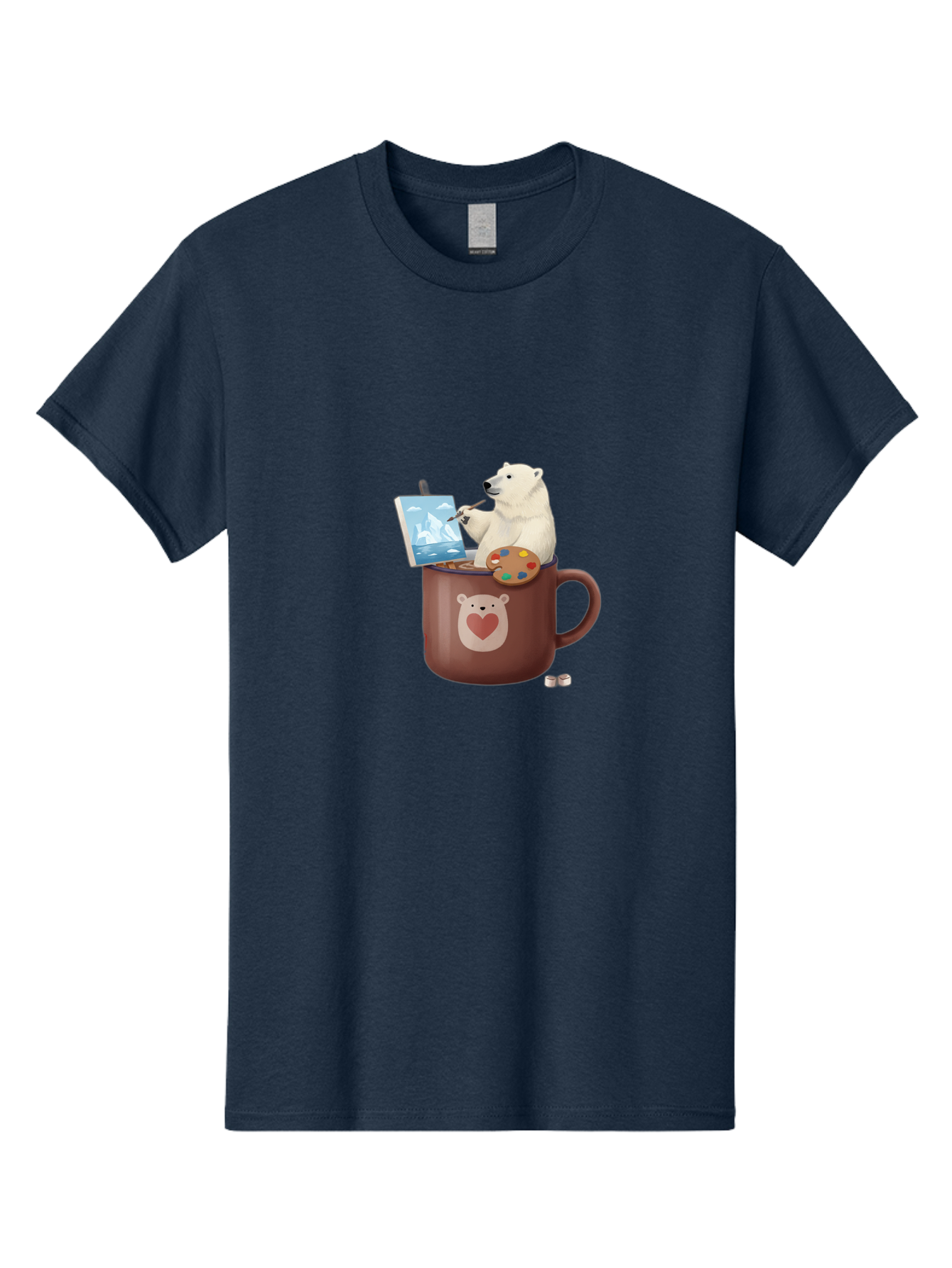 Polar-Bear-In-Coffee-Mug-2 Men'S Graphic Tee, 100% Cotton, Comfortable Casual Summer Wear, Machine Washable, Polar Bear Painting On A Digital Tablet, Artistic Creativity, Polar Bear Mug, Heart Design, Paint Palette, Whimsical Art, Bae653