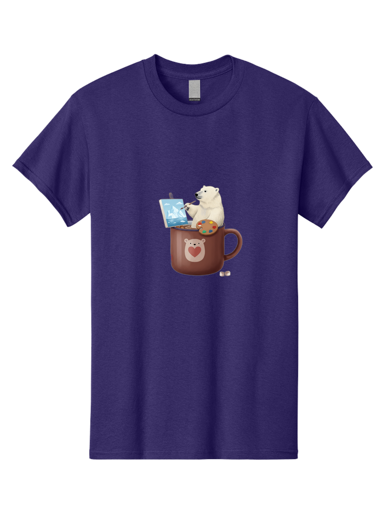 Polar-Bear-In-Coffee-Mug-2 Men'S Graphic Tee, 100% Cotton, Comfortable Casual Summer Wear, Machine Washable, Polar Bear Painting On A Digital Tablet, Artistic Creativity, Polar Bear Mug, Heart Design, Paint Palette, Whimsical Art, Bae653