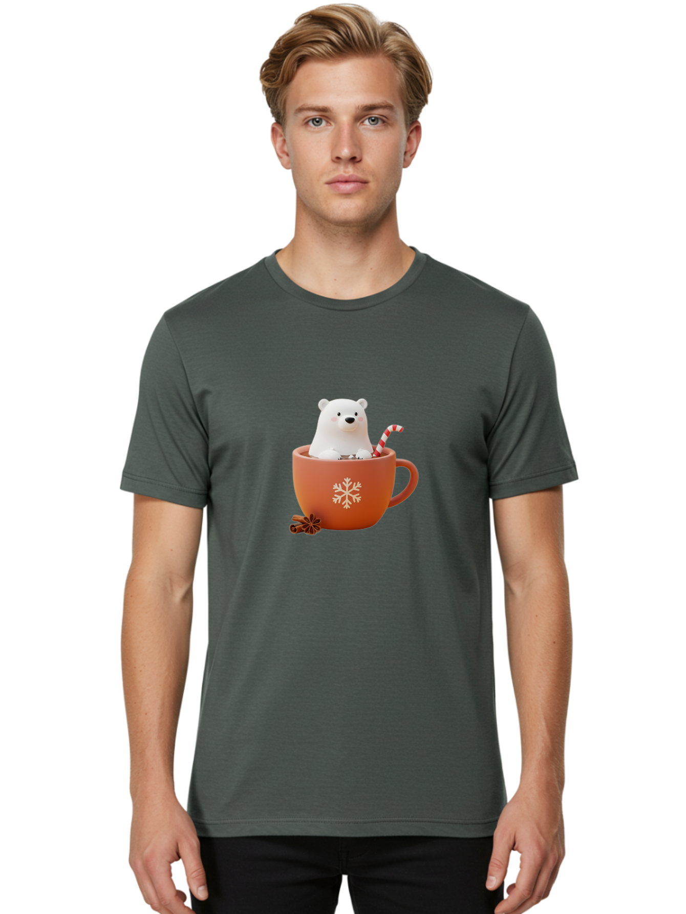 Polar-Bear-In-Coffee-Mug Men'S Graphic Tee, 100% Cotton, Comfortable Casual Summer Wear, Machine Washable, Polar Bear In A Mug, Festive Drink, Candy Cane, Snowflake Design, Winter Wonderland, Holiday Cheer, Adorable Bear, Red Mug, Bae654