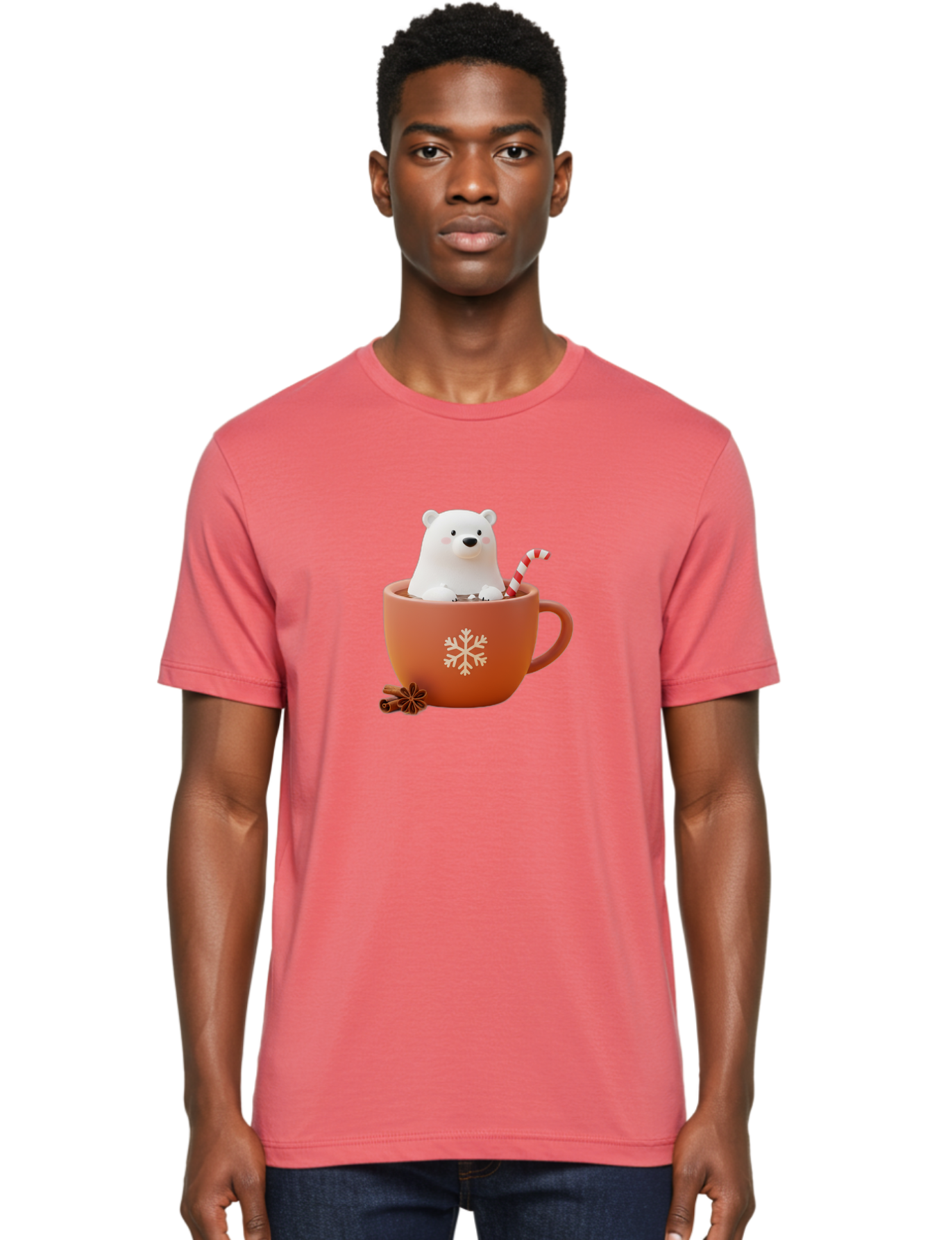 Polar-Bear-In-Coffee-Mug Men'S Graphic Tee, 100% Cotton, Comfortable Casual Summer Wear, Machine Washable, Polar Bear In A Mug, Festive Drink, Candy Cane, Snowflake Design, Winter Wonderland, Holiday Cheer, Adorable Bear, Red Mug, Bae654