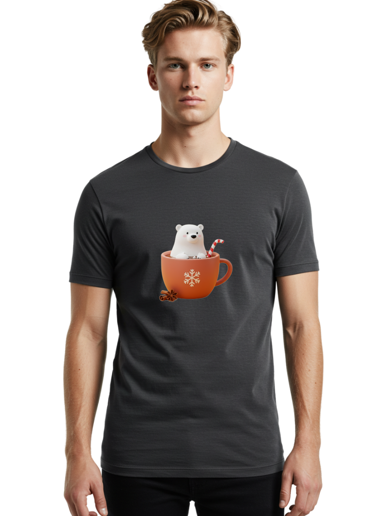 Polar-Bear-In-Coffee-Mug Men'S Graphic Tee, 100% Cotton, Comfortable Casual Summer Wear, Machine Washable, Polar Bear In A Mug, Festive Drink, Candy Cane, Snowflake Design, Winter Wonderland, Holiday Cheer, Adorable Bear, Red Mug, Bae654