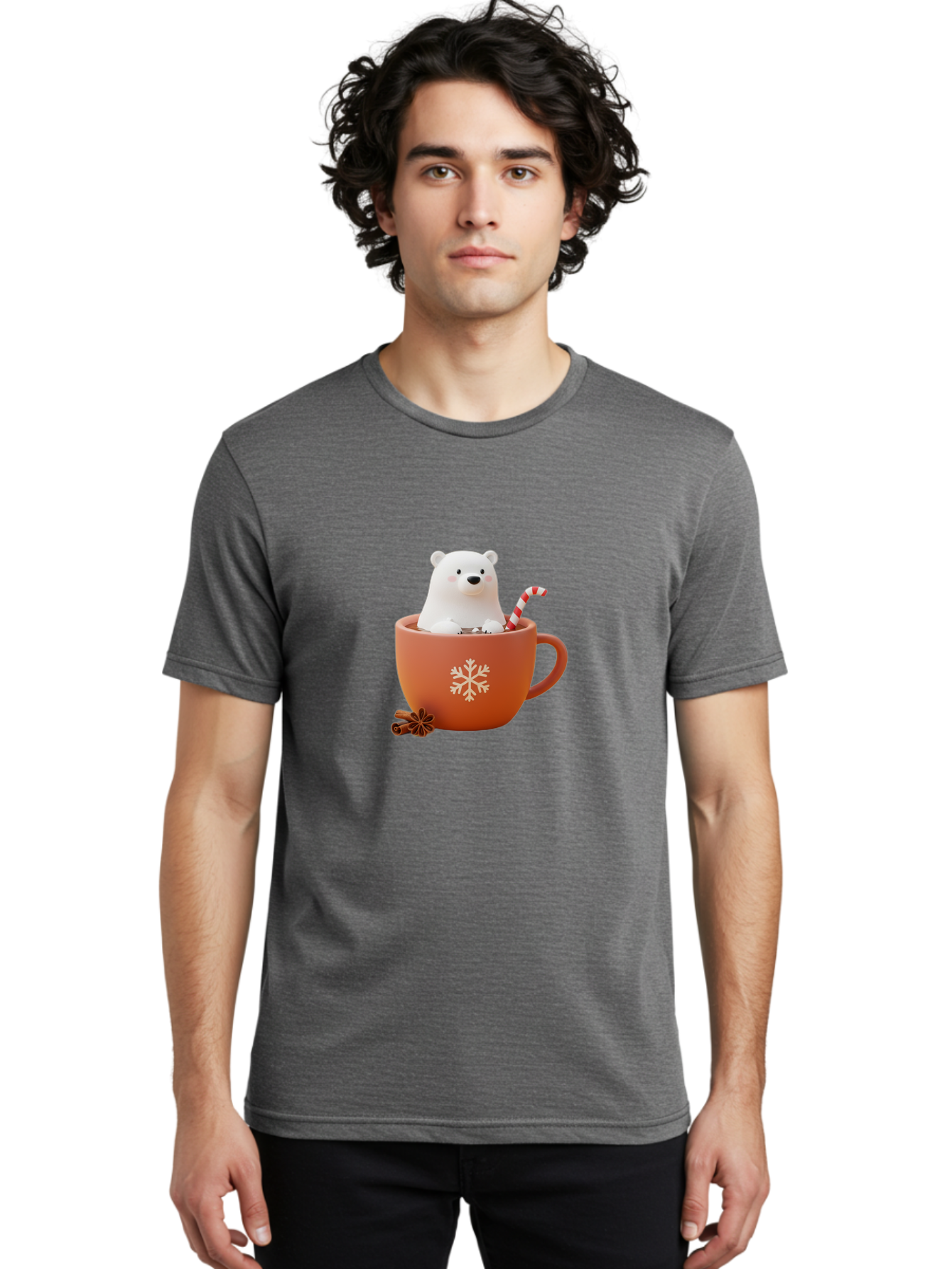 Polar-Bear-In-Coffee-Mug Men'S Graphic Tee, 100% Cotton, Comfortable Casual Summer Wear, Machine Washable, Polar Bear In A Mug, Festive Drink, Candy Cane, Snowflake Design, Winter Wonderland, Holiday Cheer, Adorable Bear, Red Mug, Bae654
