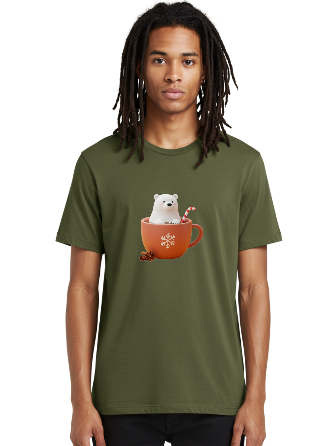 Polar-Bear-In-Coffee-Mug Men'S Graphic Tee, 100% Cotton, Comfortable Casual Summer Wear, Machine Washable, Polar Bear In A Mug, Festive Drink, Candy Cane, Snowflake Design, Winter Wonderland, Holiday Cheer, Adorable Bear, Red Mug, Bae654