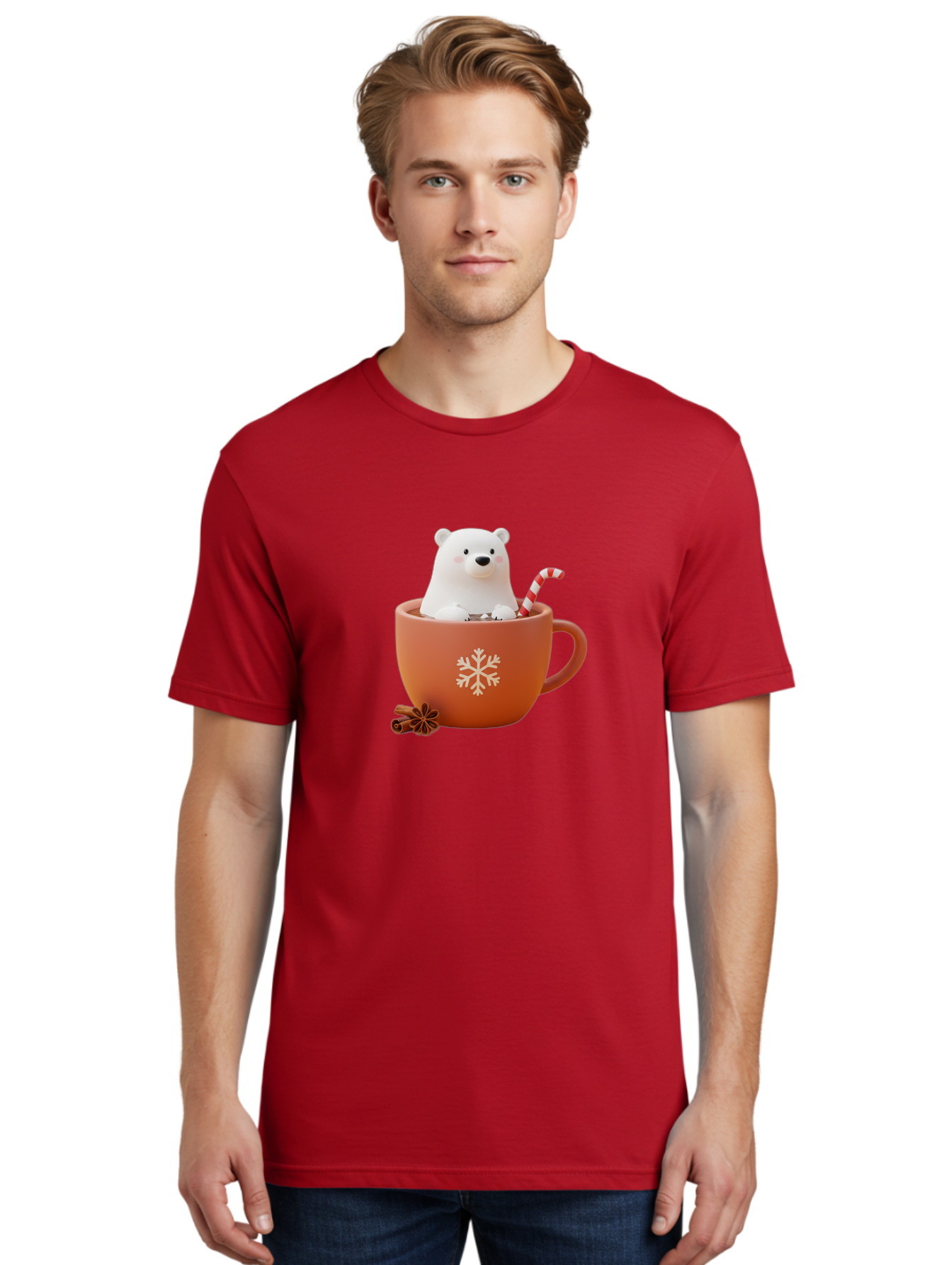 Polar-Bear-In-Coffee-Mug Men'S Graphic Tee, 100% Cotton, Comfortable Casual Summer Wear, Machine Washable, Polar Bear In A Mug, Festive Drink, Candy Cane, Snowflake Design, Winter Wonderland, Holiday Cheer, Adorable Bear, Red Mug, Bae654