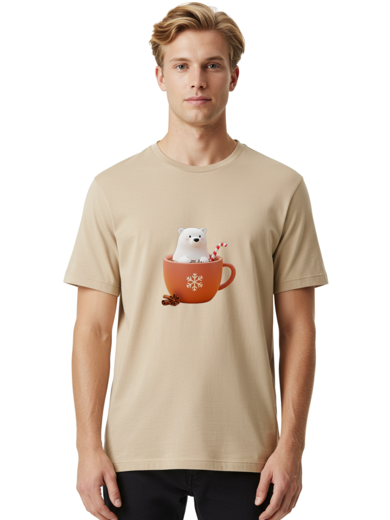 Polar-Bear-In-Coffee-Mug Men'S Graphic Tee, 100% Cotton, Comfortable Casual Summer Wear, Machine Washable, Polar Bear In A Mug, Festive Drink, Candy Cane, Snowflake Design, Winter Wonderland, Holiday Cheer, Adorable Bear, Red Mug, Bae654