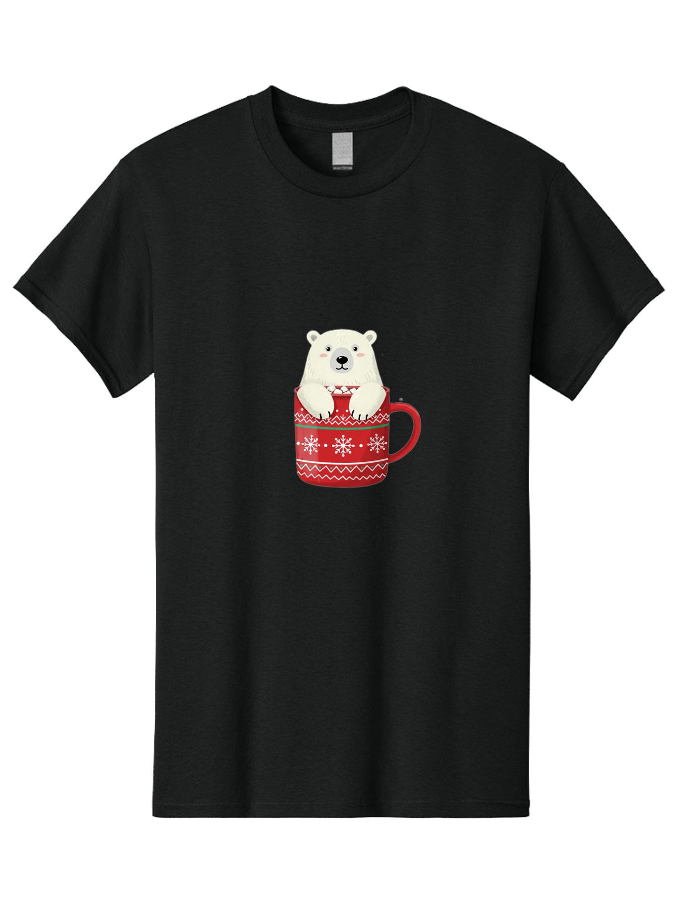 Polar-Bear-In-Mug-1 Men'S Graphic Tee, 100% Cotton, Comfortable Casual Summer Wear, Machine Washable, Polar Bear In A Mug, Christmas Mug, Red Mug, Snowflakes, White Bear, Funny Bear, Cartoon Character, Winter Theme, Festive Design, Bae655