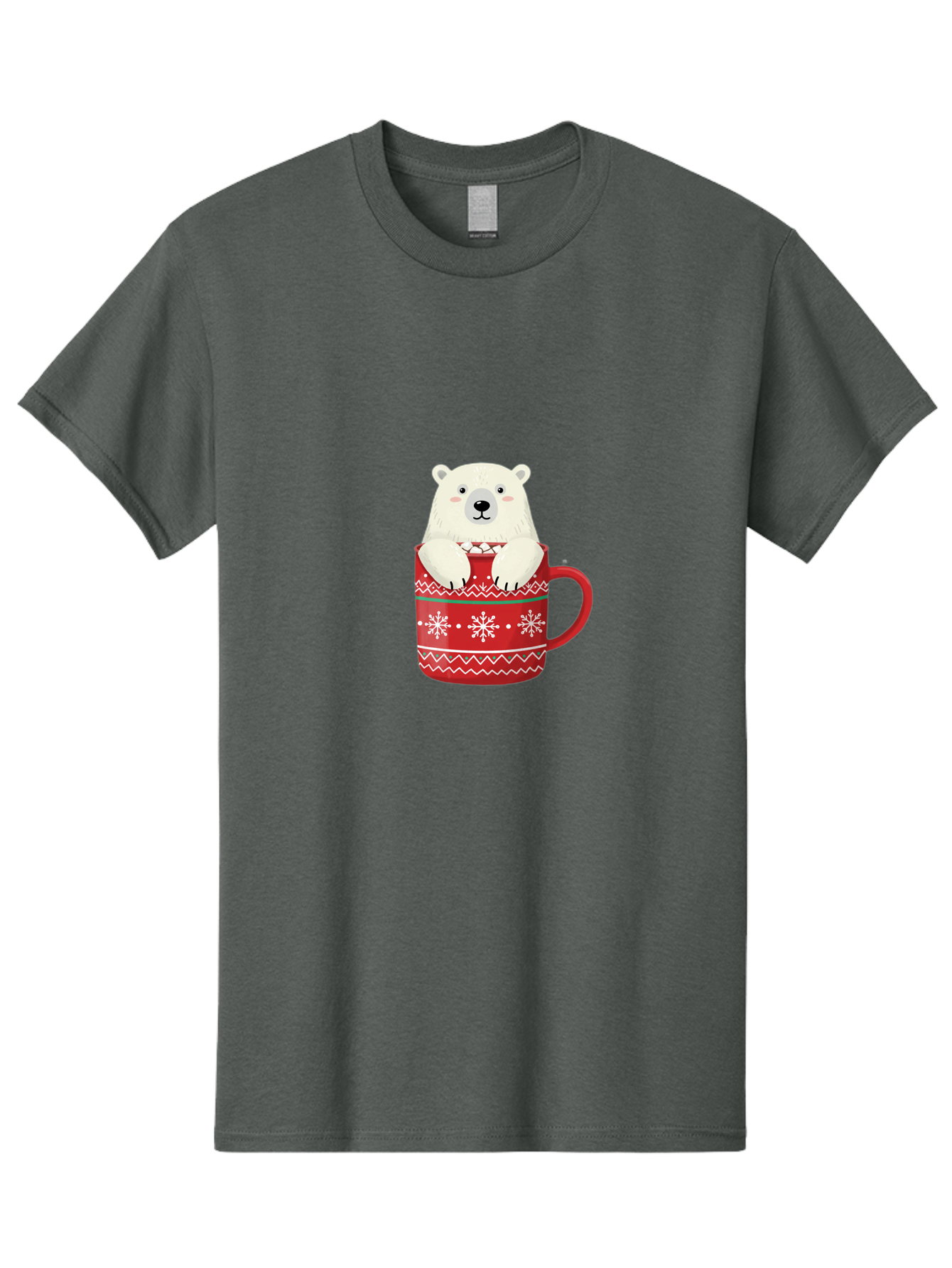 Polar-Bear-In-Mug-1 Men'S Graphic Tee, 100% Cotton, Comfortable Casual Summer Wear, Machine Washable, Polar Bear In A Mug, Christmas Mug, Red Mug, Snowflakes, White Bear, Funny Bear, Cartoon Character, Winter Theme, Festive Design, Bae655