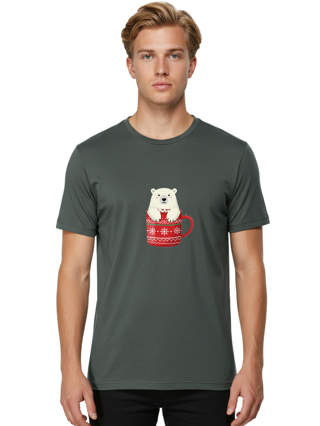 Polar-Bear-In-Mug-1 Men'S Graphic Tee, 100% Cotton, Comfortable Casual Summer Wear, Machine Washable, Polar Bear In A Mug, Christmas Mug, Red Mug, Snowflakes, White Bear, Funny Bear, Cartoon Character, Winter Theme, Festive Design, Bae655