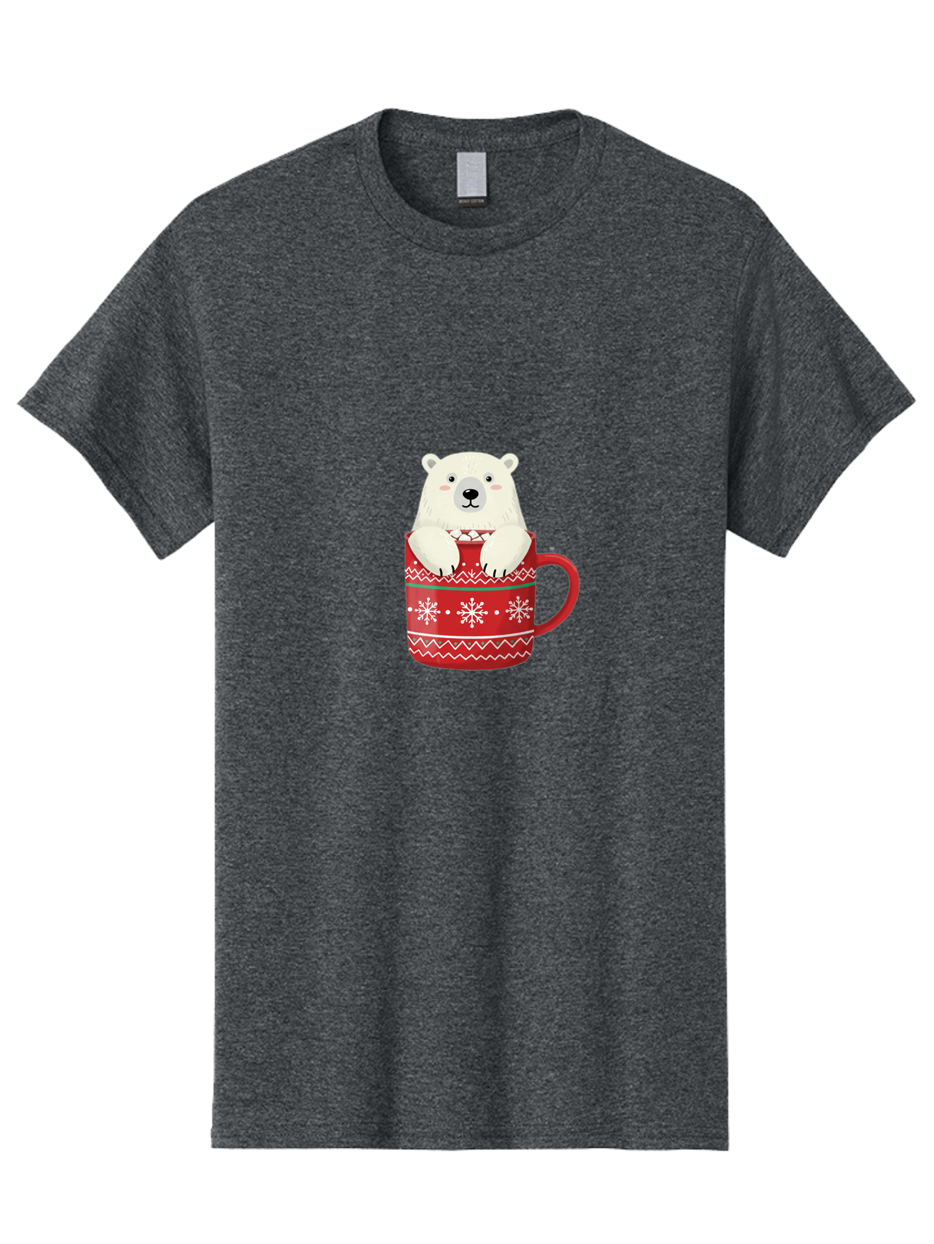 Polar-Bear-In-Mug-1 Men'S Graphic Tee, 100% Cotton, Comfortable Casual Summer Wear, Machine Washable, Polar Bear In A Mug, Christmas Mug, Red Mug, Snowflakes, White Bear, Funny Bear, Cartoon Character, Winter Theme, Festive Design, Bae655