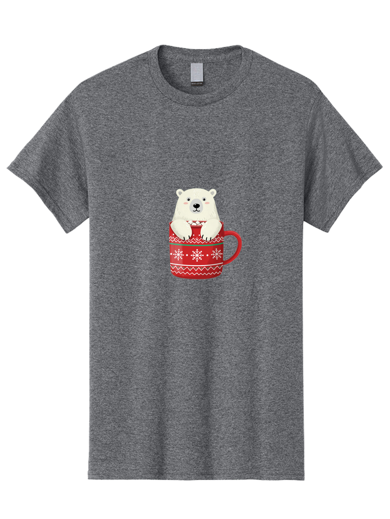 Polar-Bear-In-Mug-1 Men'S Graphic Tee, 100% Cotton, Comfortable Casual Summer Wear, Machine Washable, Polar Bear In A Mug, Christmas Mug, Red Mug, Snowflakes, White Bear, Funny Bear, Cartoon Character, Winter Theme, Festive Design, Bae655