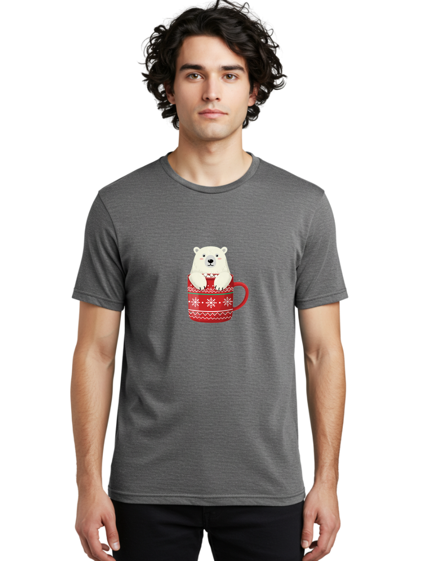Polar-Bear-In-Mug-1 Men'S Graphic Tee, 100% Cotton, Comfortable Casual Summer Wear, Machine Washable, Polar Bear In A Mug, Christmas Mug, Red Mug, Snowflakes, White Bear, Funny Bear, Cartoon Character, Winter Theme, Festive Design, Bae655