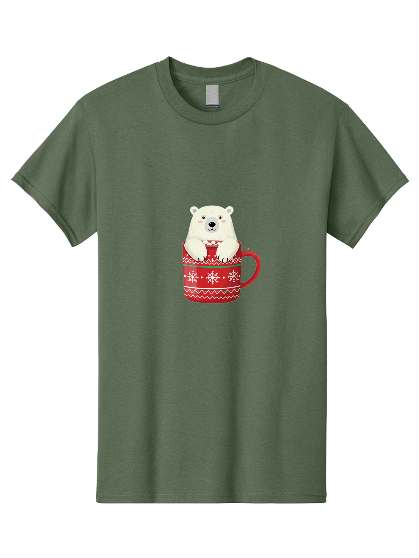 Polar-Bear-In-Mug-1 Men'S Graphic Tee, 100% Cotton, Comfortable Casual Summer Wear, Machine Washable, Polar Bear In A Mug, Christmas Mug, Red Mug, Snowflakes, White Bear, Funny Bear, Cartoon Character, Winter Theme, Festive Design, Bae655