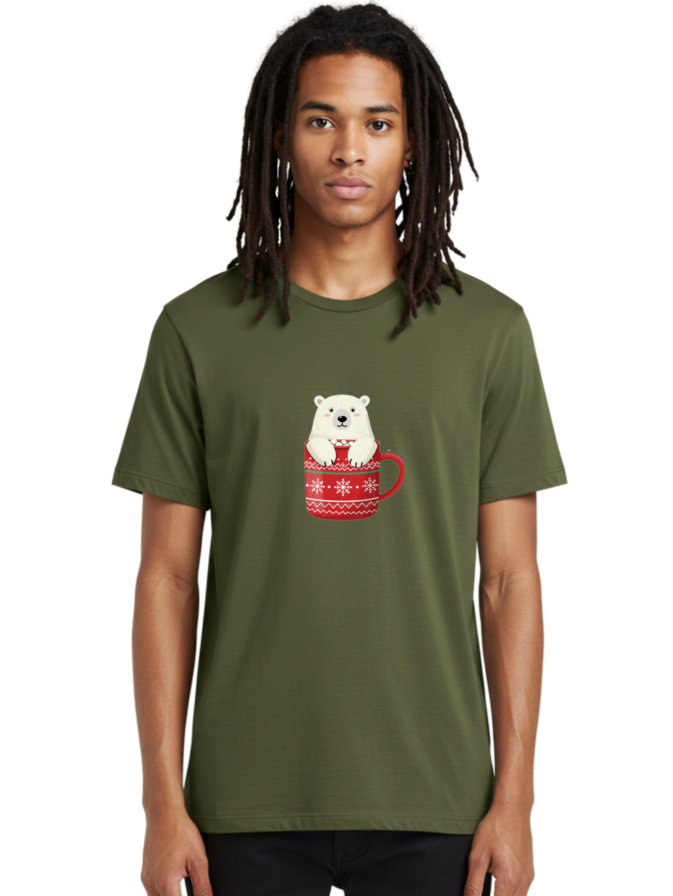 Polar-Bear-In-Mug-1 Men'S Graphic Tee, 100% Cotton, Comfortable Casual Summer Wear, Machine Washable, Polar Bear In A Mug, Christmas Mug, Red Mug, Snowflakes, White Bear, Funny Bear, Cartoon Character, Winter Theme, Festive Design, Bae655