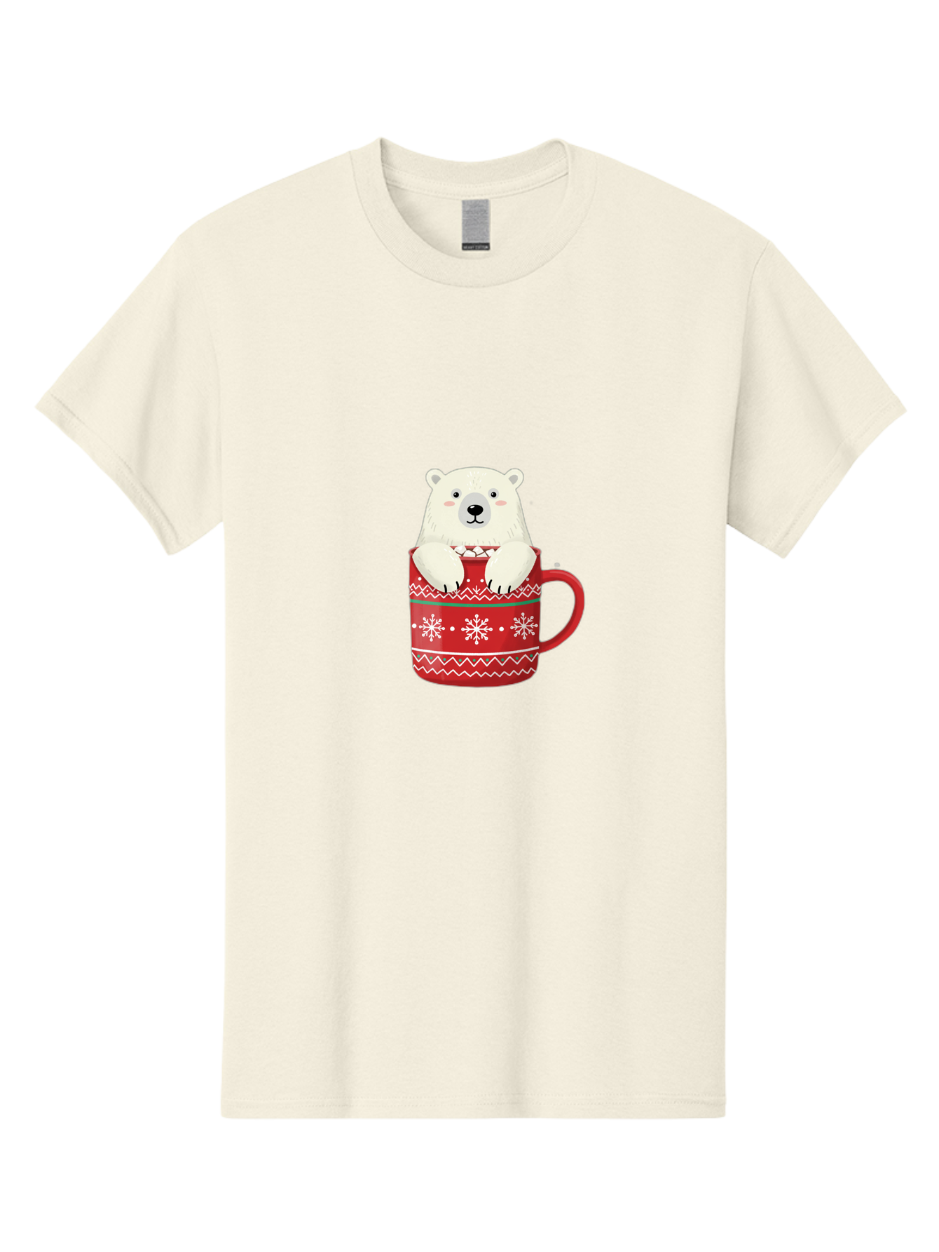 Polar-Bear-In-Mug-1 Men'S Graphic Tee, 100% Cotton, Comfortable Casual Summer Wear, Machine Washable, Polar Bear In A Mug, Christmas Mug, Red Mug, Snowflakes, White Bear, Funny Bear, Cartoon Character, Winter Theme, Festive Design, Bae655