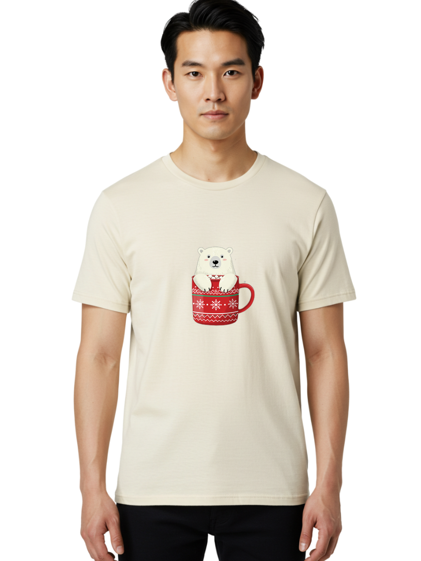 Polar-Bear-In-Mug-1 Men'S Graphic Tee, 100% Cotton, Comfortable Casual Summer Wear, Machine Washable, Polar Bear In A Mug, Christmas Mug, Red Mug, Snowflakes, White Bear, Funny Bear, Cartoon Character, Winter Theme, Festive Design, Bae655