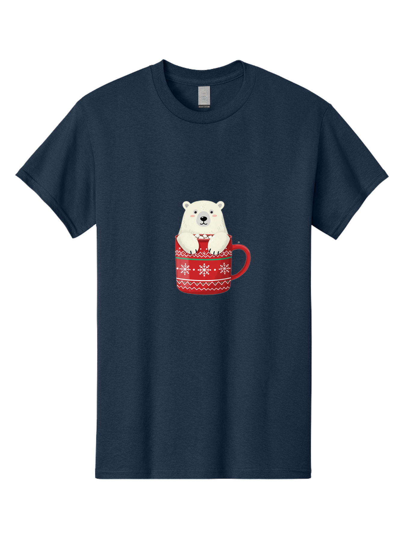Polar-Bear-In-Mug-1 Men'S Graphic Tee, 100% Cotton, Comfortable Casual Summer Wear, Machine Washable, Polar Bear In A Mug, Christmas Mug, Red Mug, Snowflakes, White Bear, Funny Bear, Cartoon Character, Winter Theme, Festive Design, Bae655