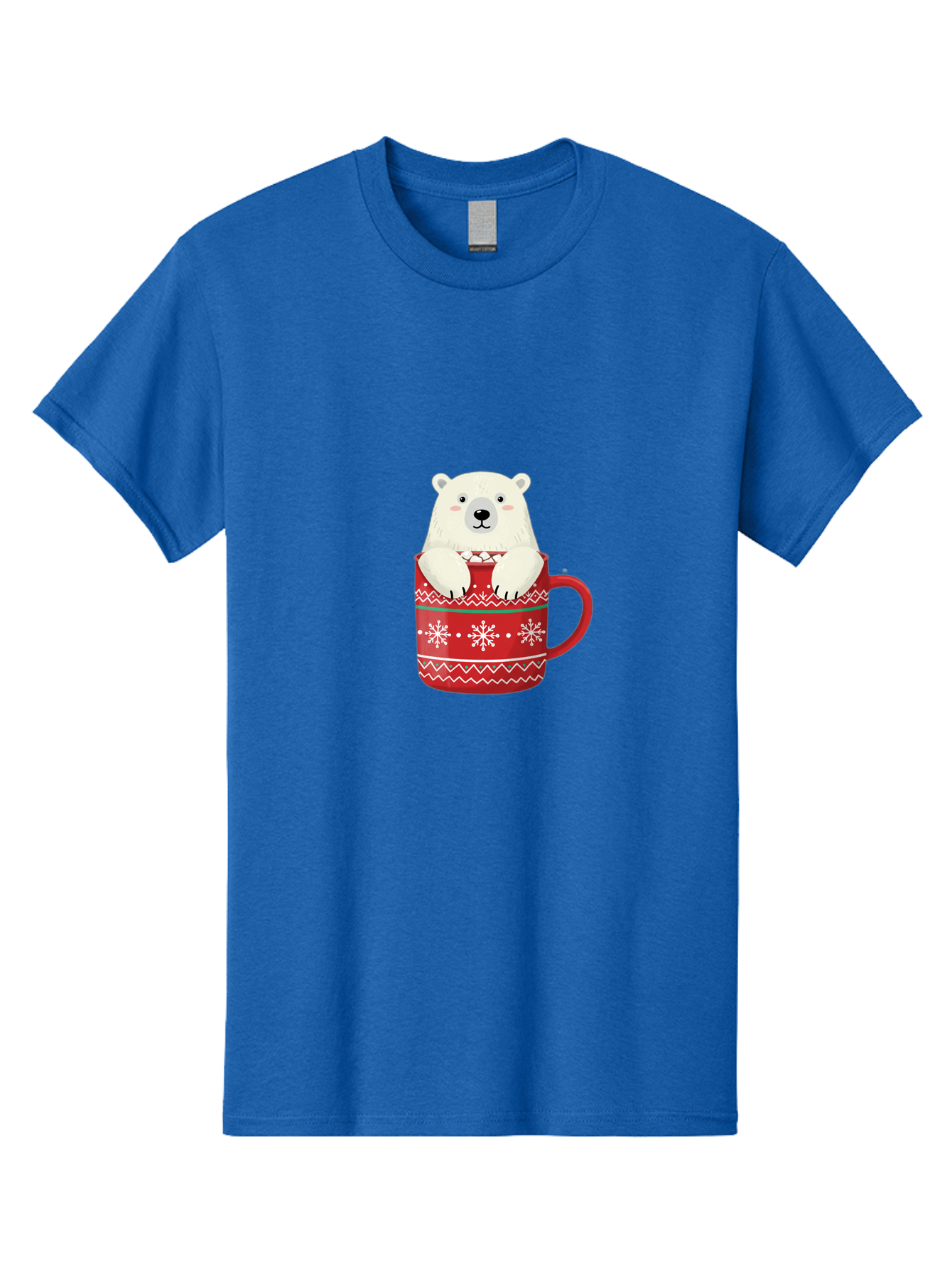 Polar-Bear-In-Mug-1 Men'S Graphic Tee, 100% Cotton, Comfortable Casual Summer Wear, Machine Washable, Polar Bear In A Mug, Christmas Mug, Red Mug, Snowflakes, White Bear, Funny Bear, Cartoon Character, Winter Theme, Festive Design, Bae655