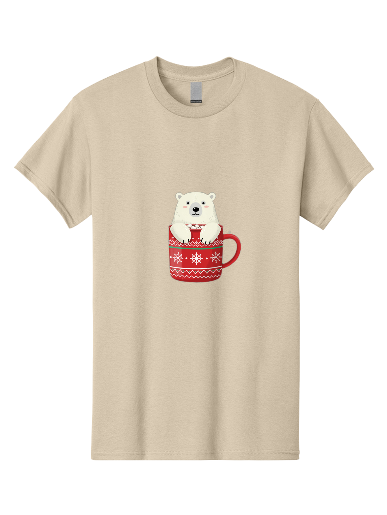 Polar-Bear-In-Mug-1 Men'S Graphic Tee, 100% Cotton, Comfortable Casual Summer Wear, Machine Washable, Polar Bear In A Mug, Christmas Mug, Red Mug, Snowflakes, White Bear, Funny Bear, Cartoon Character, Winter Theme, Festive Design, Bae655
