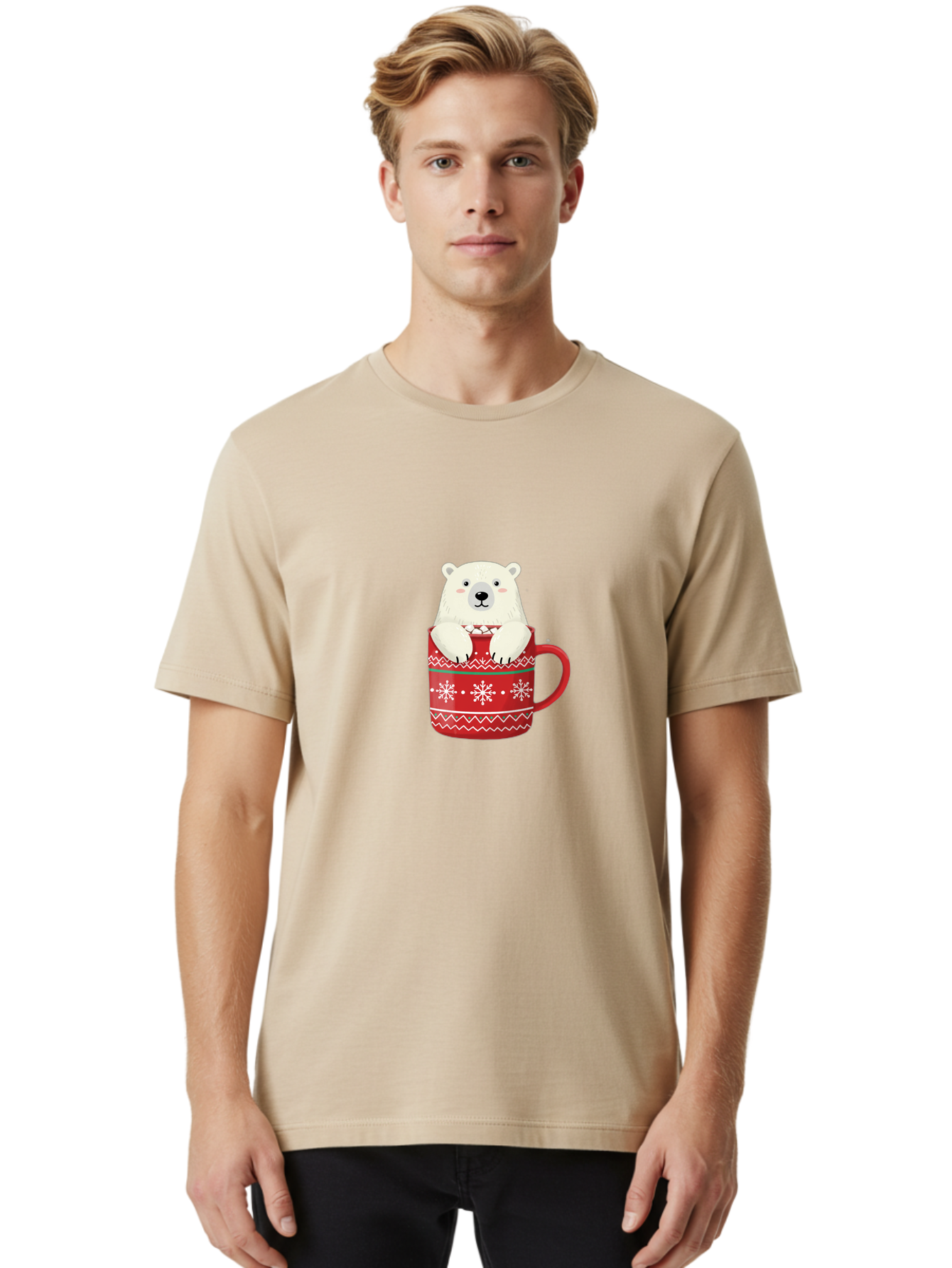 Polar-Bear-In-Mug-1 Men'S Graphic Tee, 100% Cotton, Comfortable Casual Summer Wear, Machine Washable, Polar Bear In A Mug, Christmas Mug, Red Mug, Snowflakes, White Bear, Funny Bear, Cartoon Character, Winter Theme, Festive Design, Bae655