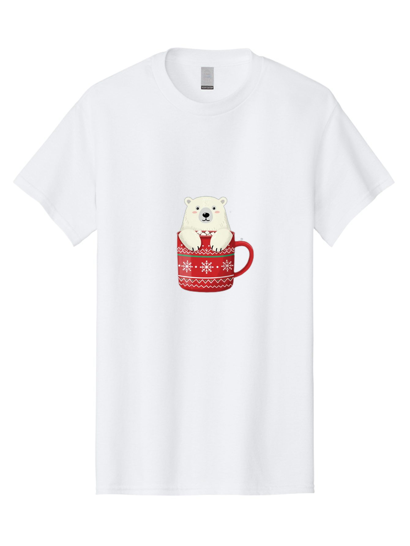 Polar-Bear-In-Mug-1 Men'S Graphic Tee, 100% Cotton, Comfortable Casual Summer Wear, Machine Washable, Polar Bear In A Mug, Christmas Mug, Red Mug, Snowflakes, White Bear, Funny Bear, Cartoon Character, Winter Theme, Festive Design, Bae655