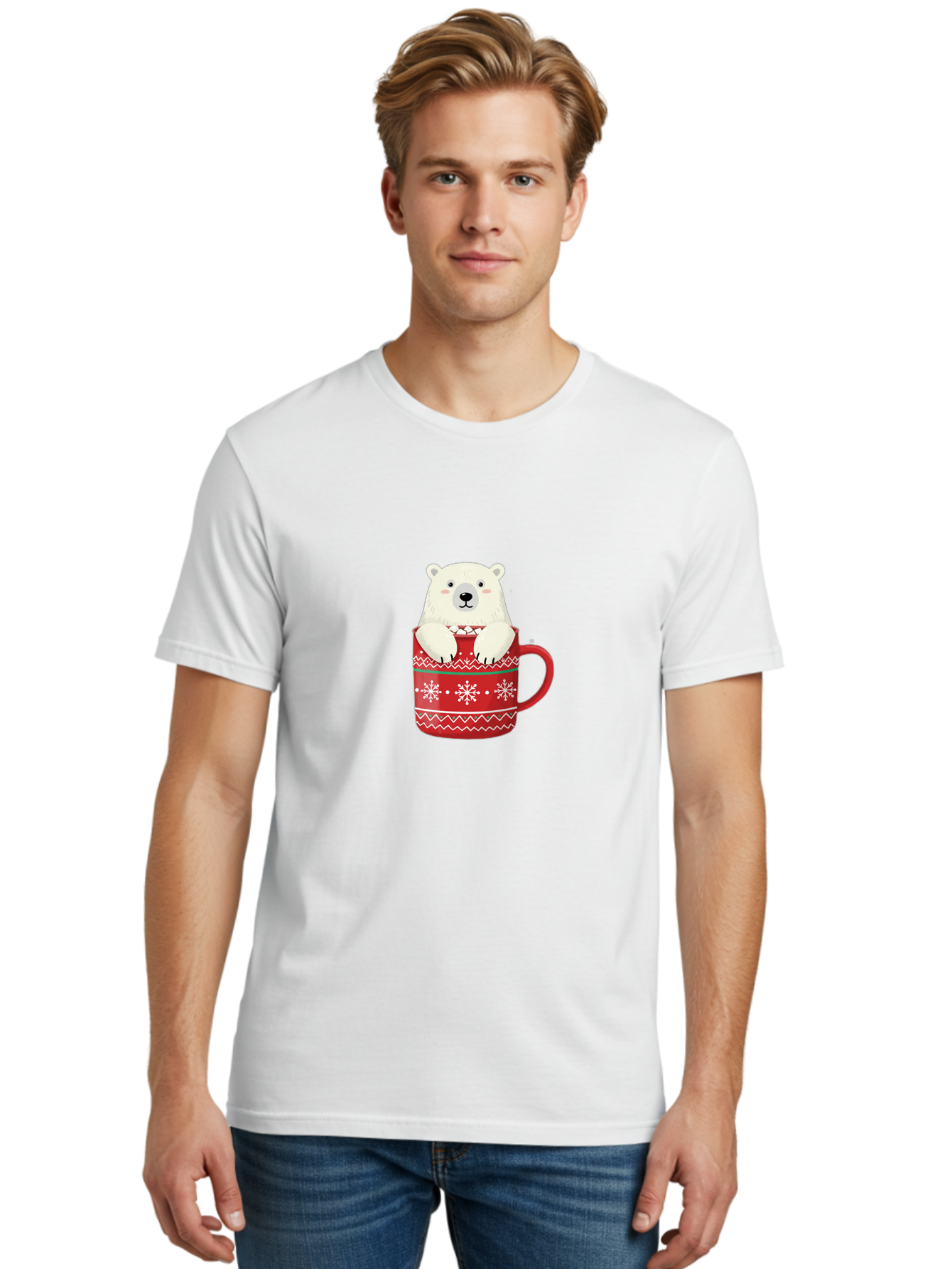 Polar-Bear-In-Mug-1 Men'S Graphic Tee, 100% Cotton, Comfortable Casual Summer Wear, Machine Washable, Polar Bear In A Mug, Christmas Mug, Red Mug, Snowflakes, White Bear, Funny Bear, Cartoon Character, Winter Theme, Festive Design, Bae655
