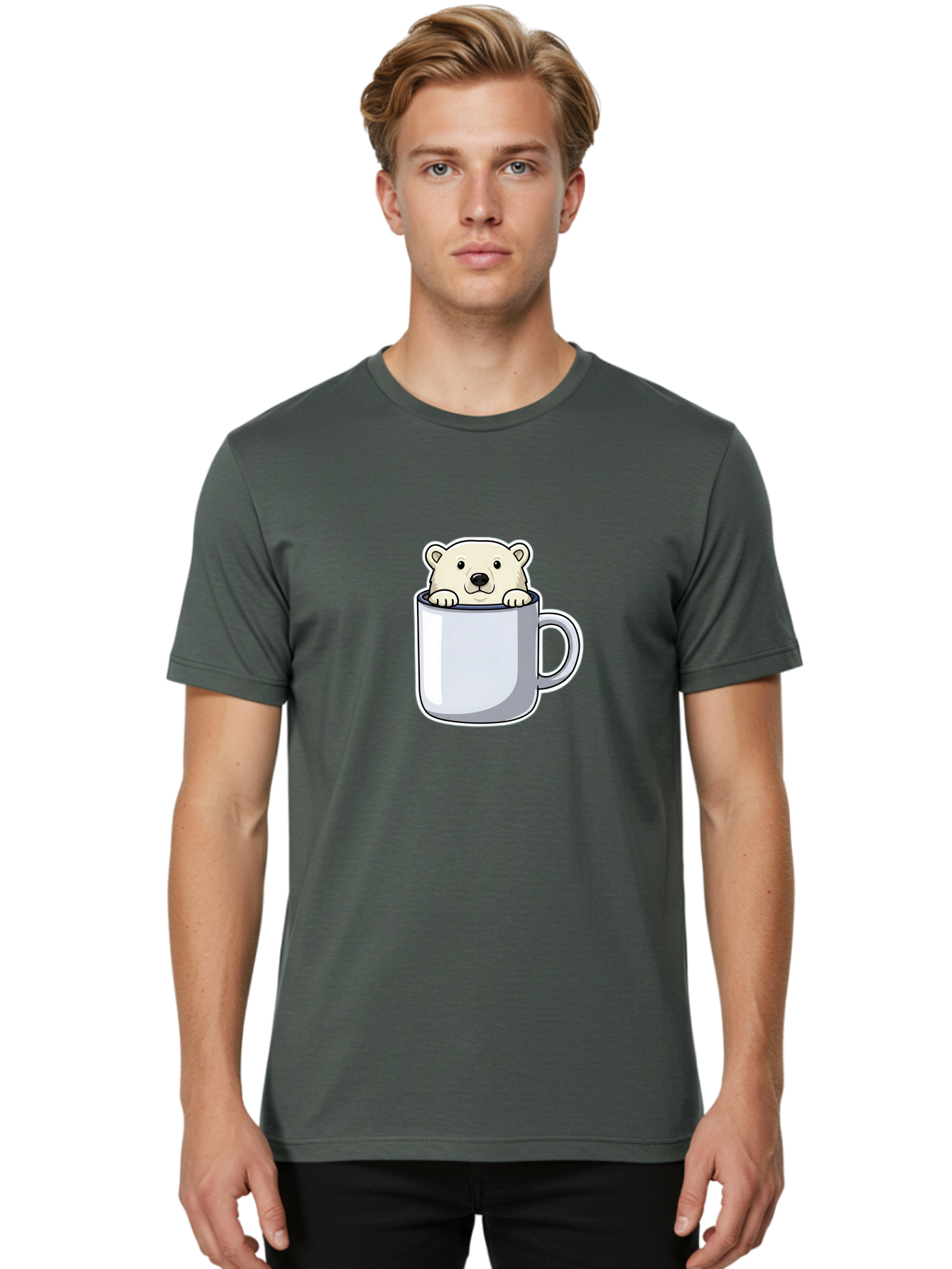 Polar-Bear-In-Mug-2 Men'S Graphic Tee, 100% Cotton, Comfortable Casual Summer Wear, Machine Washable, Polar Bear In Coffee Mug, Cartoon Character, Cute Animal, Funny Illustration, Coffee Break, Morning Routine, Office Humor, Creative Design, Bae656