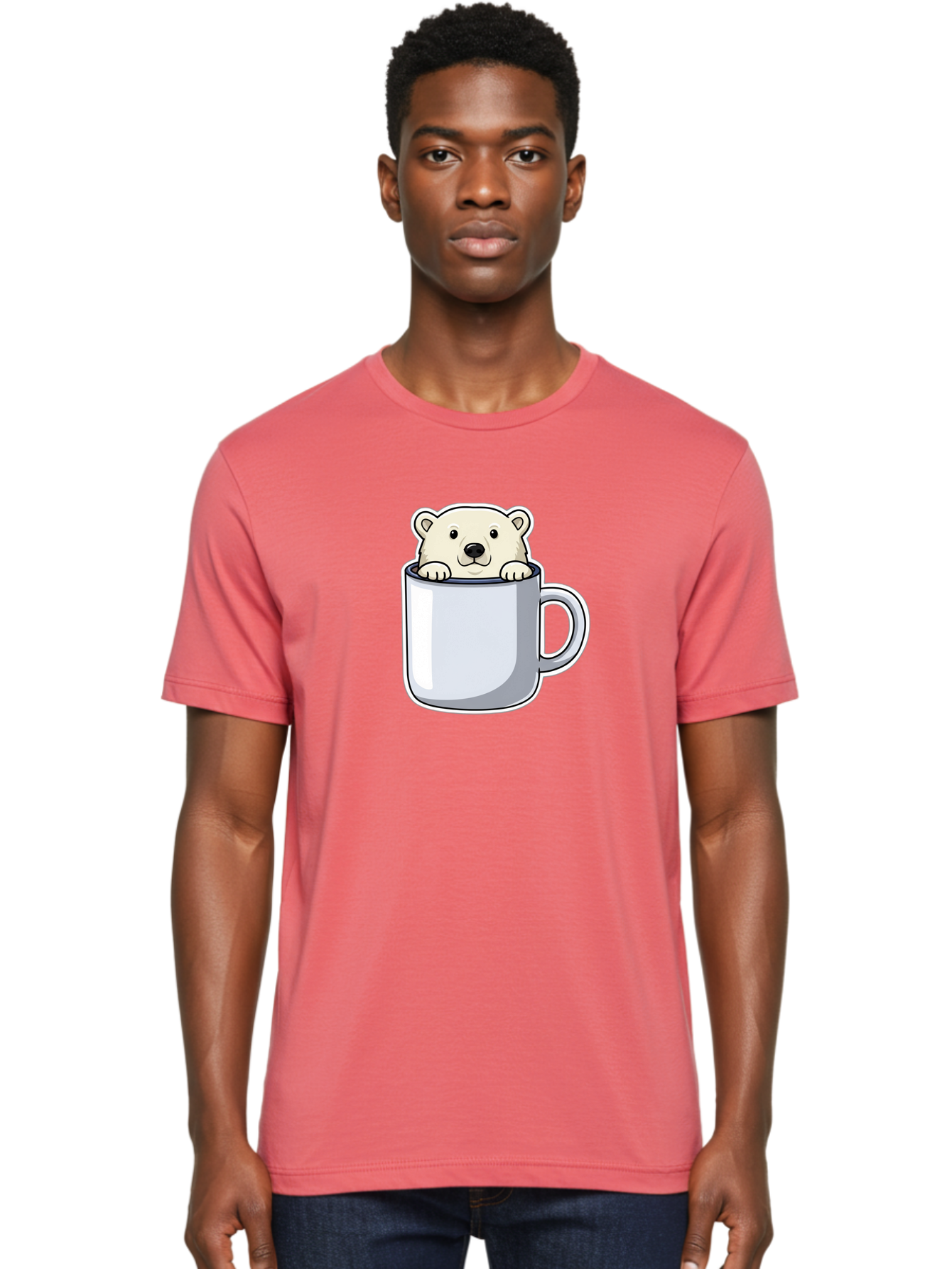 Polar-Bear-In-Mug-2 Men'S Graphic Tee, 100% Cotton, Comfortable Casual Summer Wear, Machine Washable, Polar Bear In Coffee Mug, Cartoon Character, Cute Animal, Funny Illustration, Coffee Break, Morning Routine, Office Humor, Creative Design, Bae656