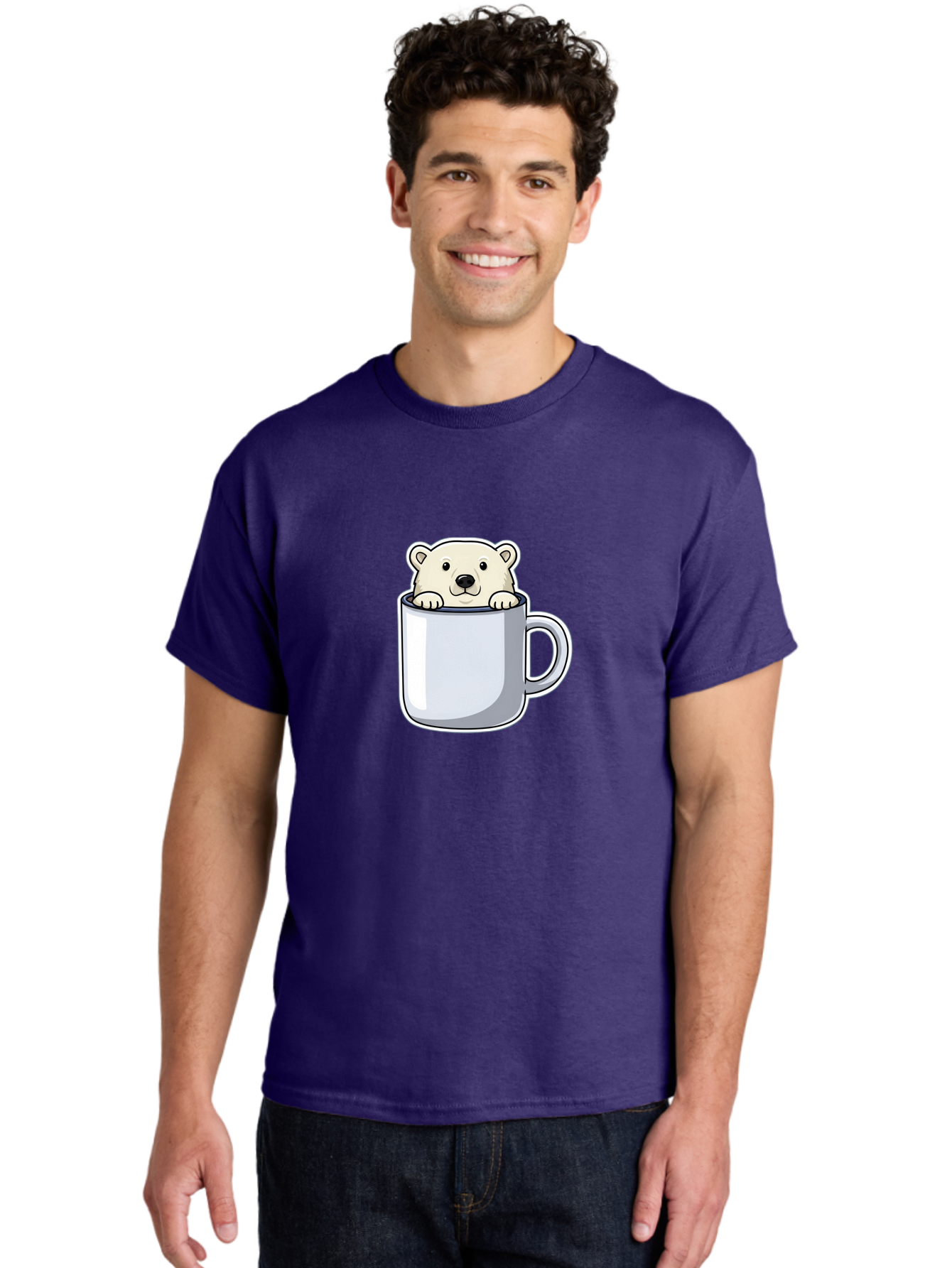 Polar-Bear-In-Mug-2 Men'S Graphic Tee, 100% Cotton, Comfortable Casual Summer Wear, Machine Washable, Polar Bear In Coffee Mug, Cartoon Character, Cute Animal, Funny Illustration, Coffee Break, Morning Routine, Office Humor, Creative Design, Bae656