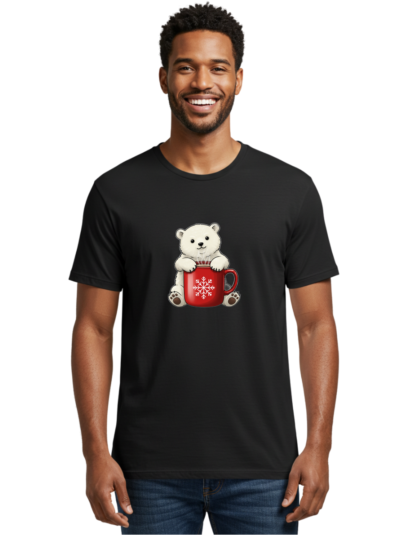Polar-Bear-In-Mug Men'S Graphic Tee, 100% Cotton, Comfortable Casual Summer Wear, Machine Washable, Polar Bear Holding Red Mug, Snowflake Design, Winter Theme, Christmas Gift, Cute Cartoon Character, Adorable Polar Bear, Holiday Vibes, Bae657