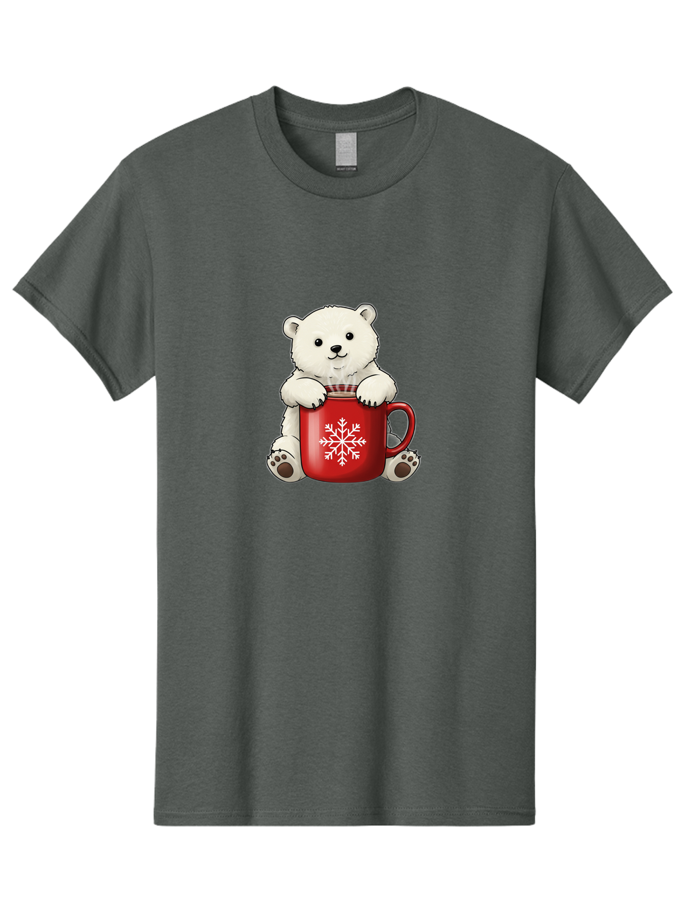 Polar-Bear-In-Mug Men'S Graphic Tee, 100% Cotton, Comfortable Casual Summer Wear, Machine Washable, Polar Bear Holding Red Mug, Snowflake Design, Winter Theme, Christmas Gift, Cute Cartoon Character, Adorable Polar Bear, Holiday Vibes, Bae657