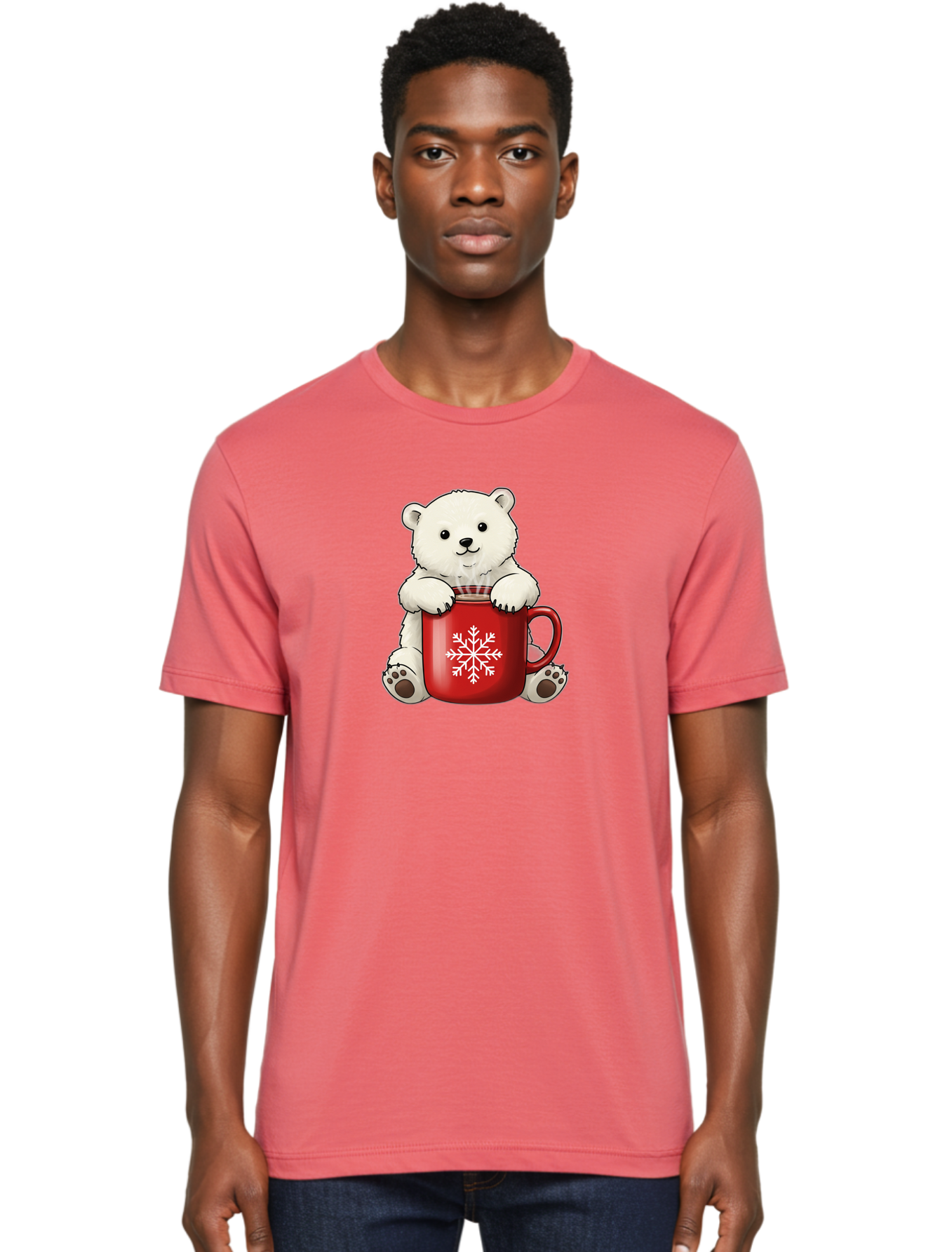 Polar-Bear-In-Mug Men'S Graphic Tee, 100% Cotton, Comfortable Casual Summer Wear, Machine Washable, Polar Bear Holding Red Mug, Snowflake Design, Winter Theme, Christmas Gift, Cute Cartoon Character, Adorable Polar Bear, Holiday Vibes, Bae657