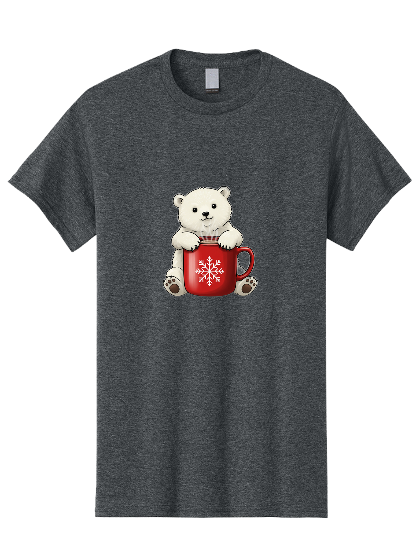 Polar-Bear-In-Mug Men'S Graphic Tee, 100% Cotton, Comfortable Casual Summer Wear, Machine Washable, Polar Bear Holding Red Mug, Snowflake Design, Winter Theme, Christmas Gift, Cute Cartoon Character, Adorable Polar Bear, Holiday Vibes, Bae657