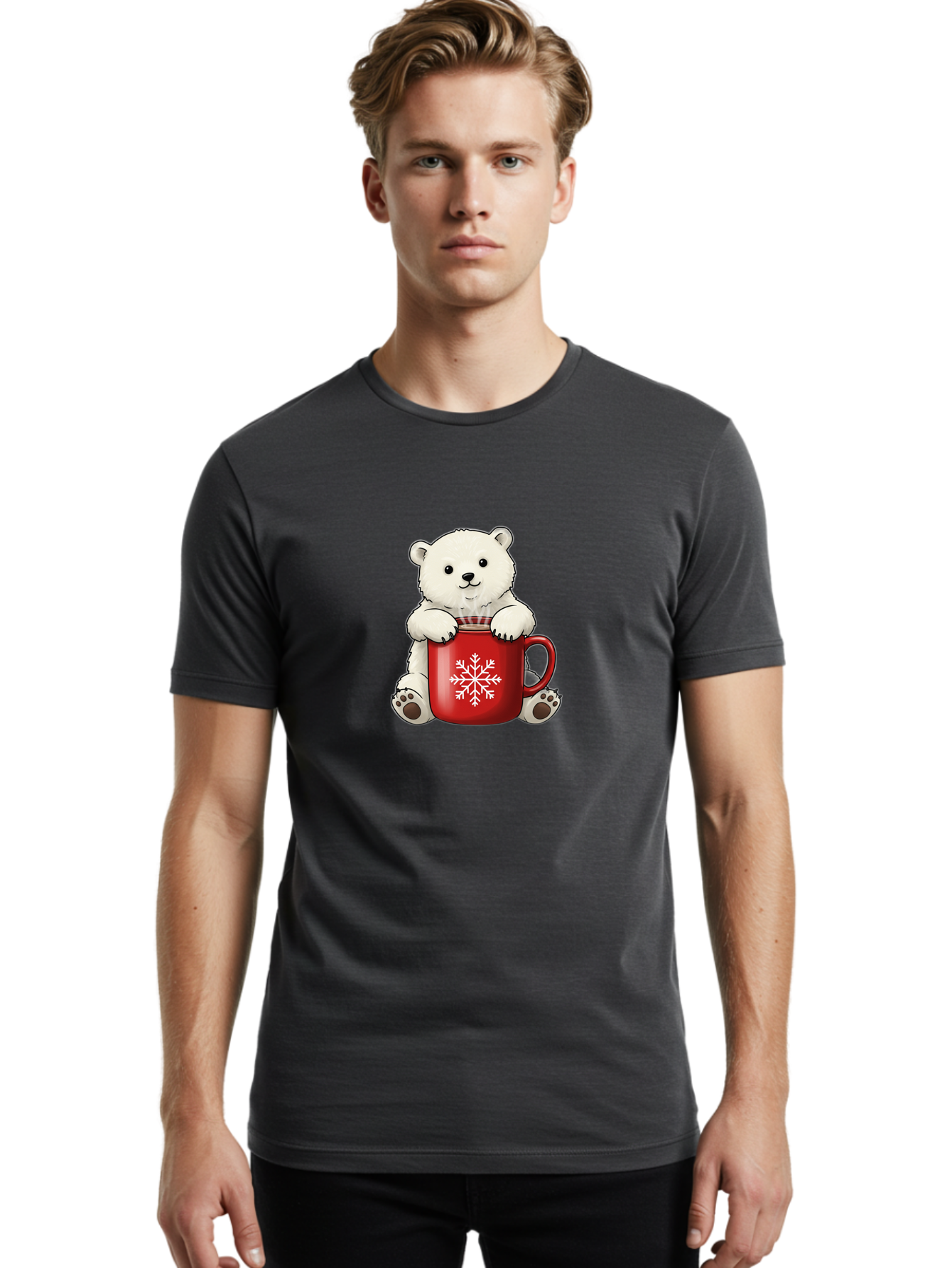 Polar-Bear-In-Mug Men'S Graphic Tee, 100% Cotton, Comfortable Casual Summer Wear, Machine Washable, Polar Bear Holding Red Mug, Snowflake Design, Winter Theme, Christmas Gift, Cute Cartoon Character, Adorable Polar Bear, Holiday Vibes, Bae657