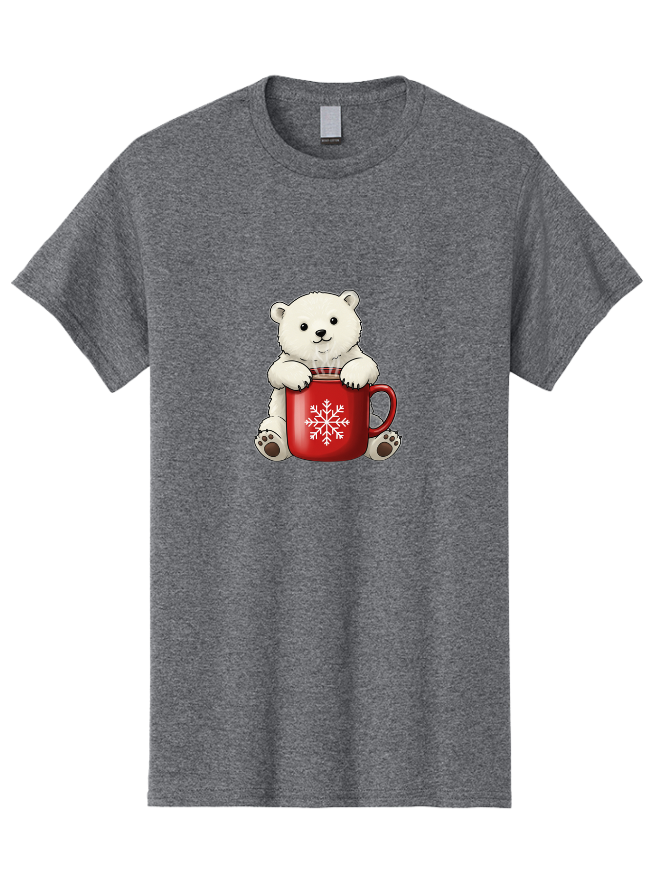 Polar-Bear-In-Mug Men'S Graphic Tee, 100% Cotton, Comfortable Casual Summer Wear, Machine Washable, Polar Bear Holding Red Mug, Snowflake Design, Winter Theme, Christmas Gift, Cute Cartoon Character, Adorable Polar Bear, Holiday Vibes, Bae657
